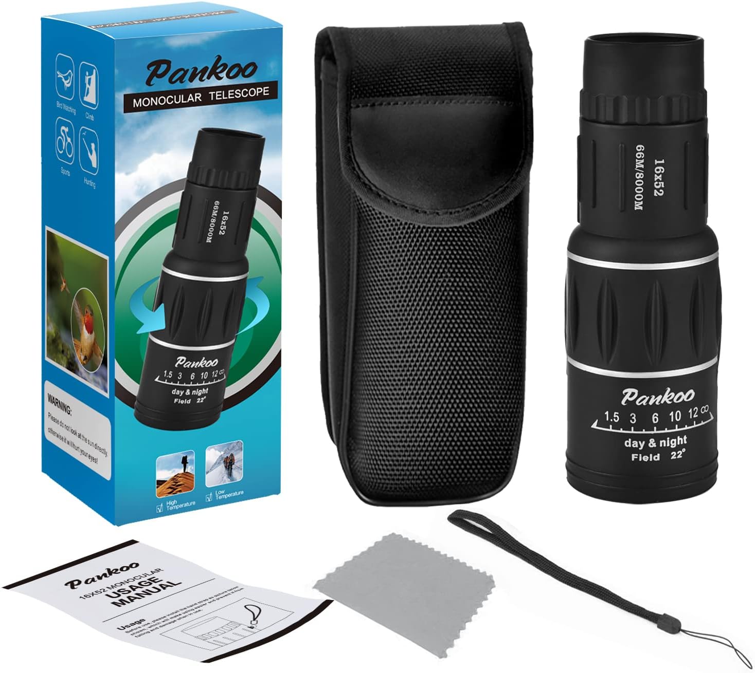 Monocular HD de 16 x 52 para adultos, FMC – Telescopio monocular compacto de mano para observación de aves, vida silvestre, concierto, alcance de