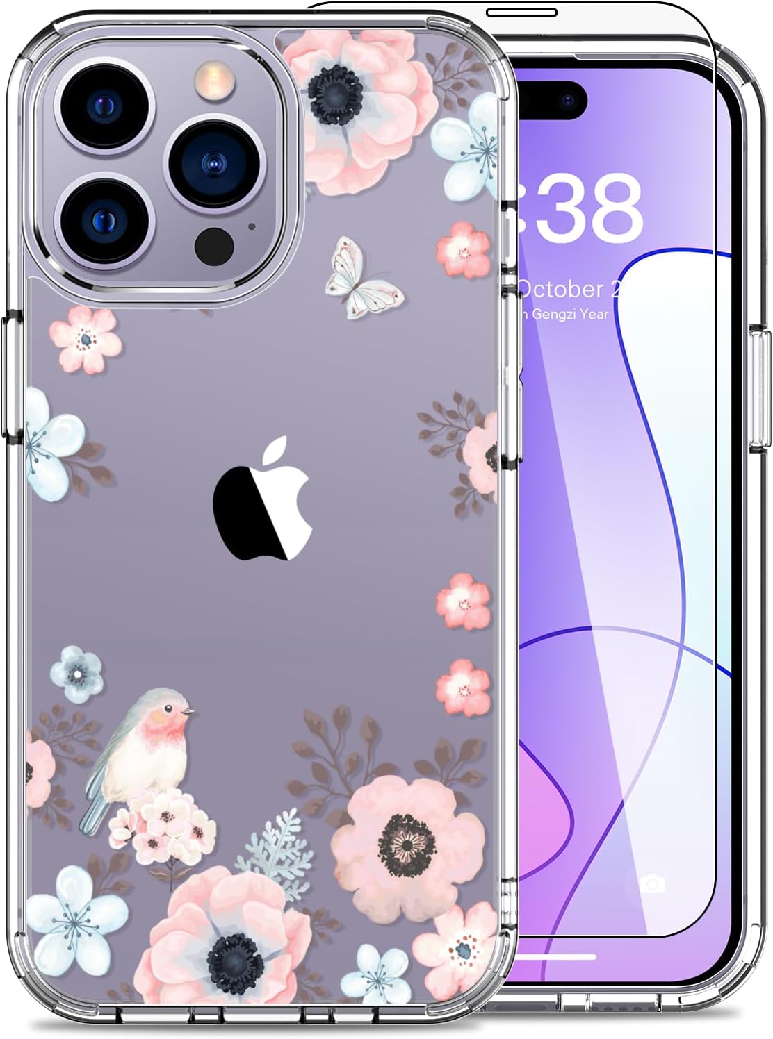 LUHOURI Funda para iPhone 15 Pro con protector de pantalla  Funda duradera transparente  Diseños de moda para mujeres y niñas  Funda protectora
