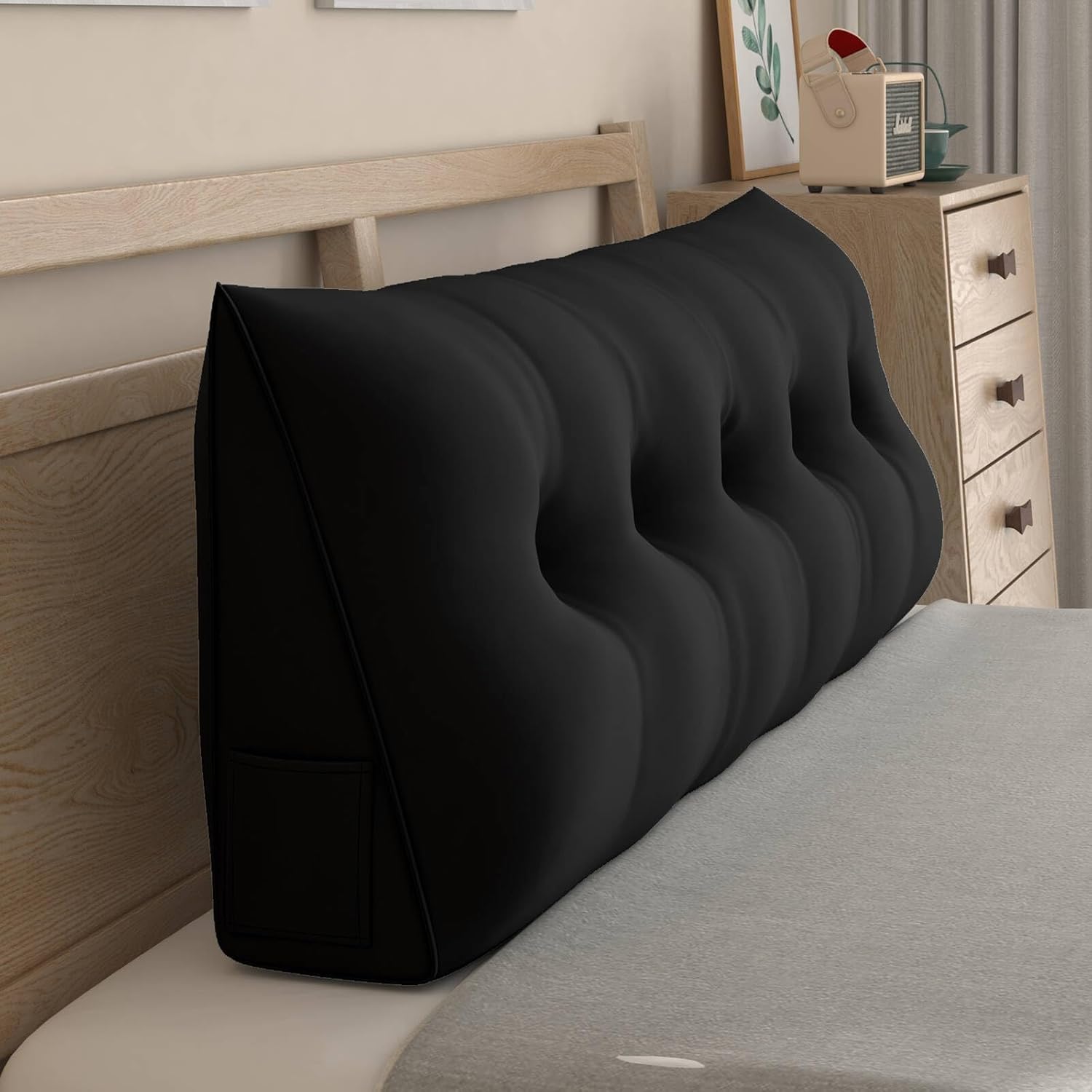 CECER Almohada de cabecera de cama tamaño California King, almohada triangular grande con dos bolsillos laterales, cojín largo de cuña para cama o