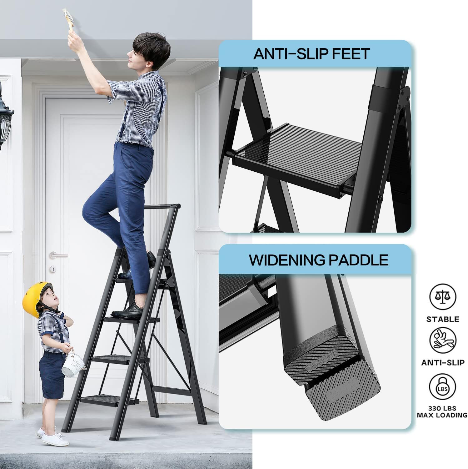 GameGem Escalera de 4 escalones, taburete plegable de aluminio con pedal antideslizante resistente y ancho, escalera de mano ligera y portátil con