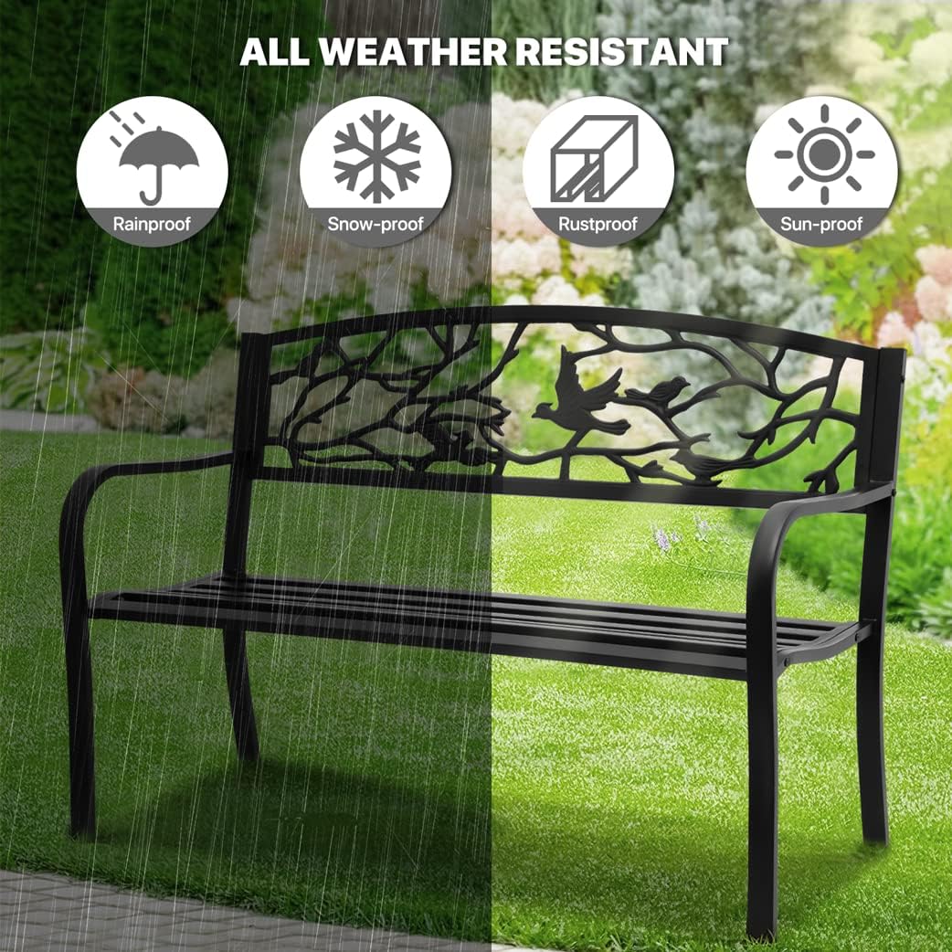 MoNiBloom Banco de exterior para jardín, patio, porche, muebles de aluminio ligero y resistente de 50 pulgadas con marco de metal de acero de