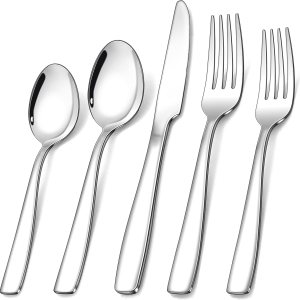 Homikit Juego de cubiertos 1810, 30 piezas de cubiertos de acero inoxidable para 6, vajilla de metal elegante para restaurante casero, bonito y Homikit Juego de cubiertos 1810, 30 piezas de cubiertos de acero inoxidable para 6, vajilla de metal elegante para restaurante casero, bonito y