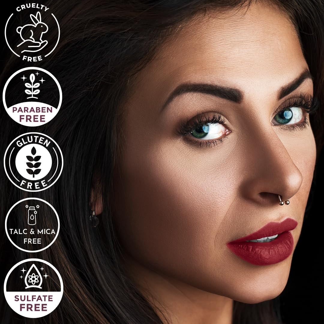 Mynena Lápiz labial líquido mate rojo parduzco de larga duración, impermeable, ligero para alta comodidad, uso durante todo el día, sin talco, sin