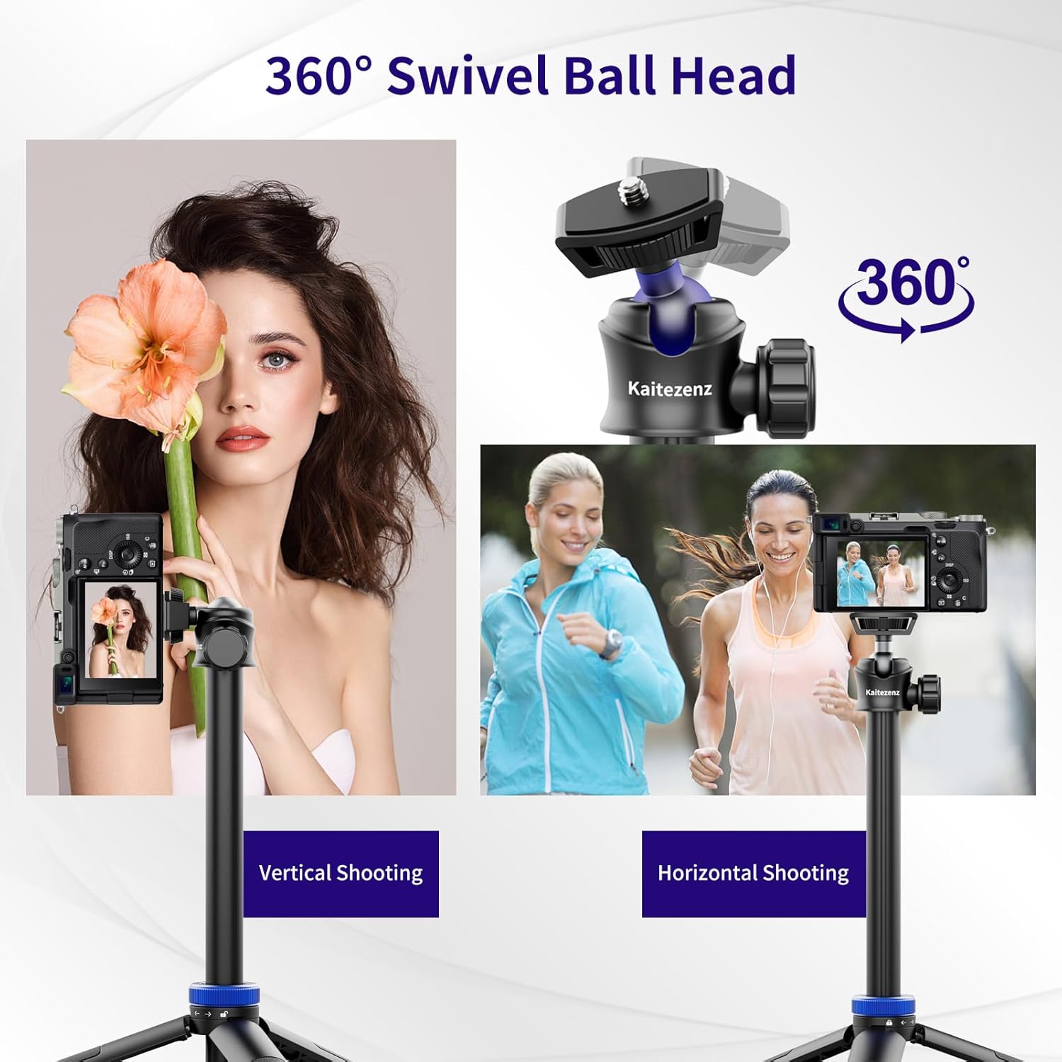 Kaitezenz Trípode selfie stick para cámara GoPro, soporte de trípode extensible de 62 pulgadas con cabeza de bola de 360 tornillo de 14 pulgadas,