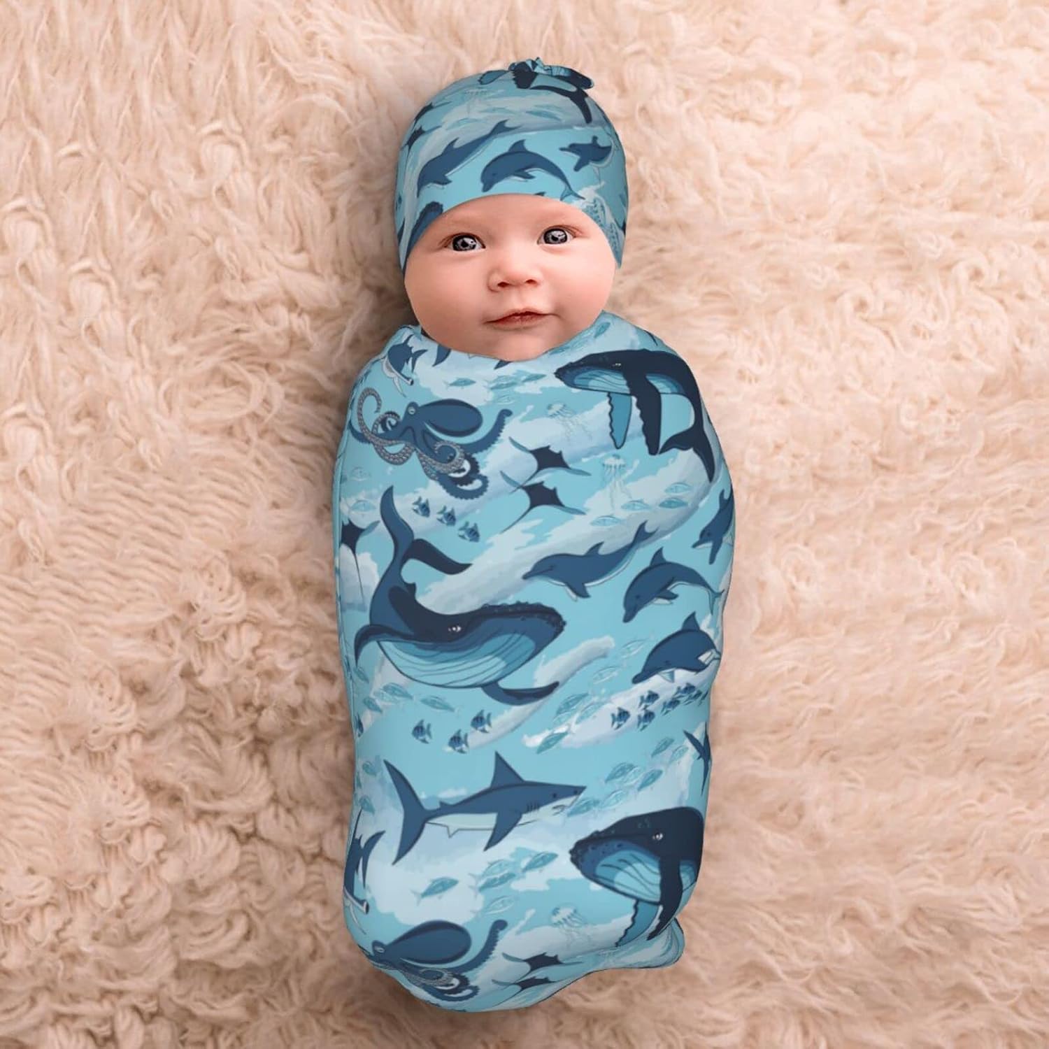Manta envolvente para recién nacido, con diseño de delfines, tiburones, ballena, pulpo, manta suave con gorro, regalos para niños y niñas