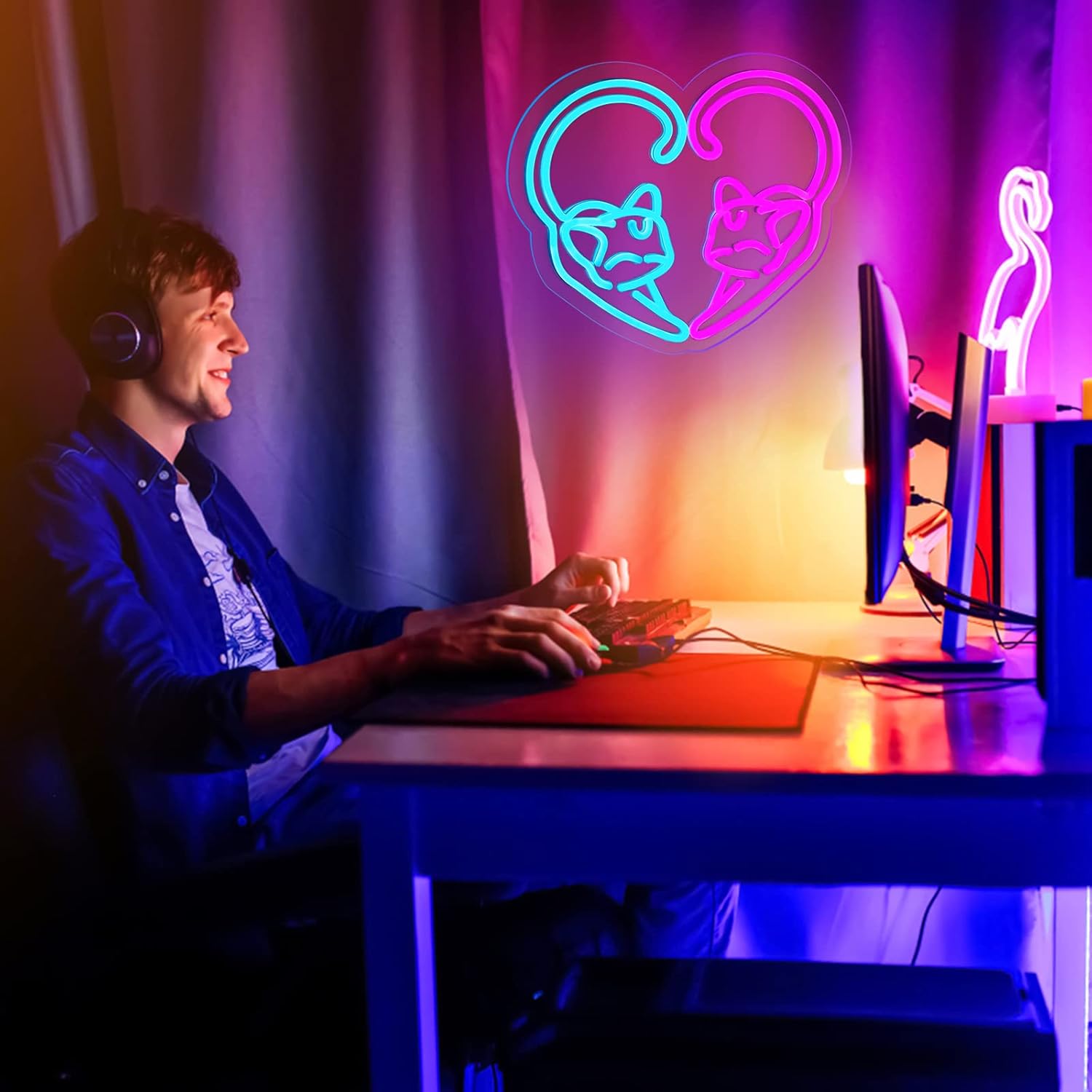 Letrero de neón con diseño de gato para niños, luces de neón LED, decoración de pared para amantes de los gatos, dormitorio, sala de juegos, USB