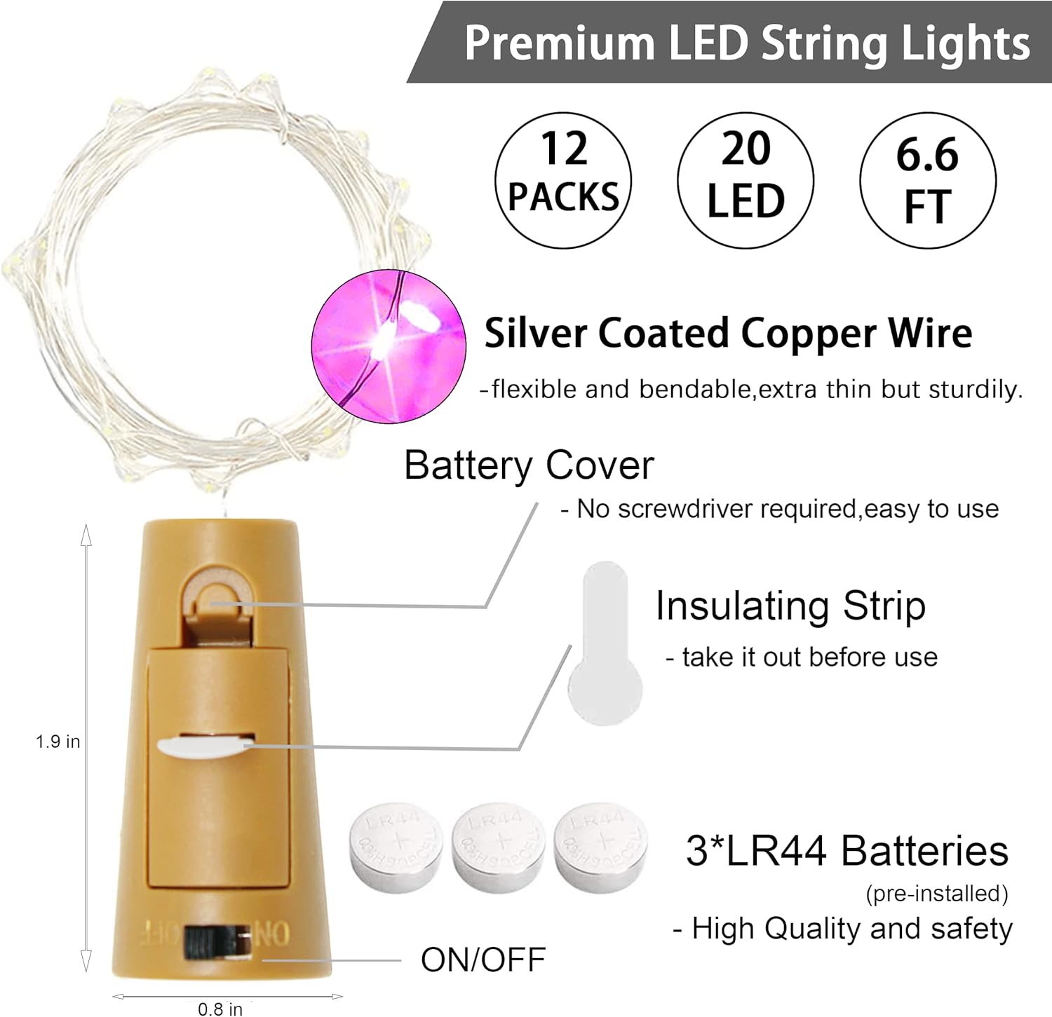 Paquete de 12 20 luces LED para botellas de vino con corcho, cadena de luces de alambre plateado, funciona con pilas, luces de corcho para botella