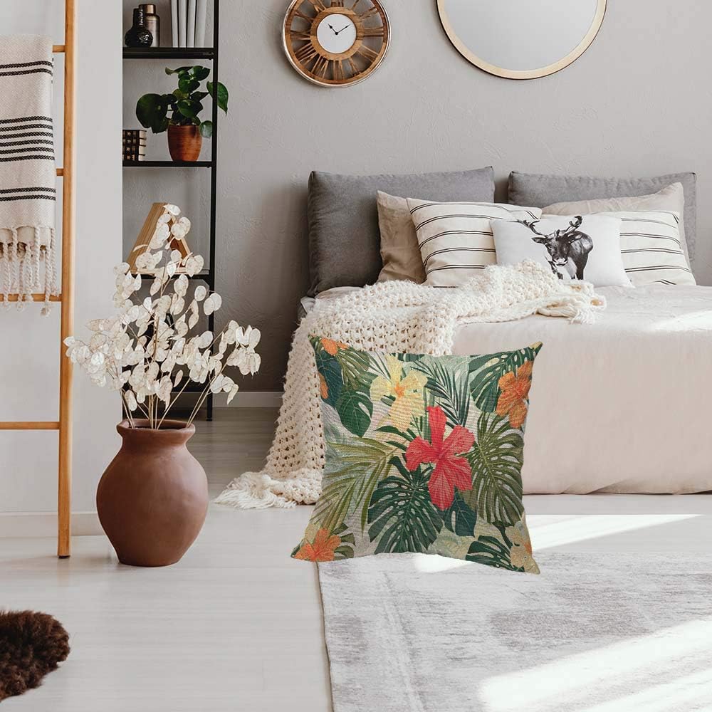HOSNYE Funda de cojín de flores de hibisco, coloridas plantas tropicales hawaianas, hojas de palmera, algodón y lino para sofá, cama, sofá,