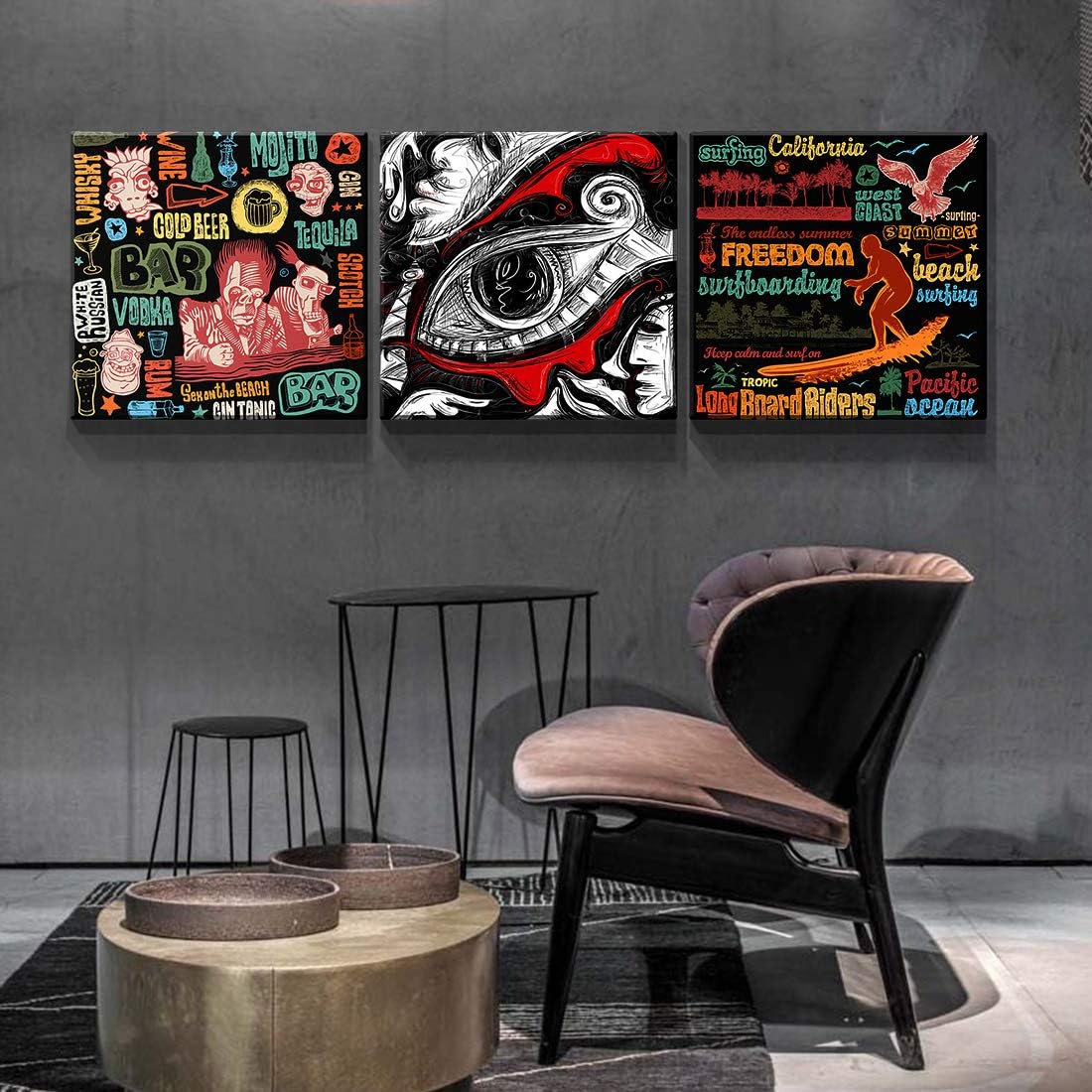 Denozer – 3 impresiones en lienzo para pared – Arte de pared con texto de graffiti para decoración de sala de estar, dormitorio, estirado y