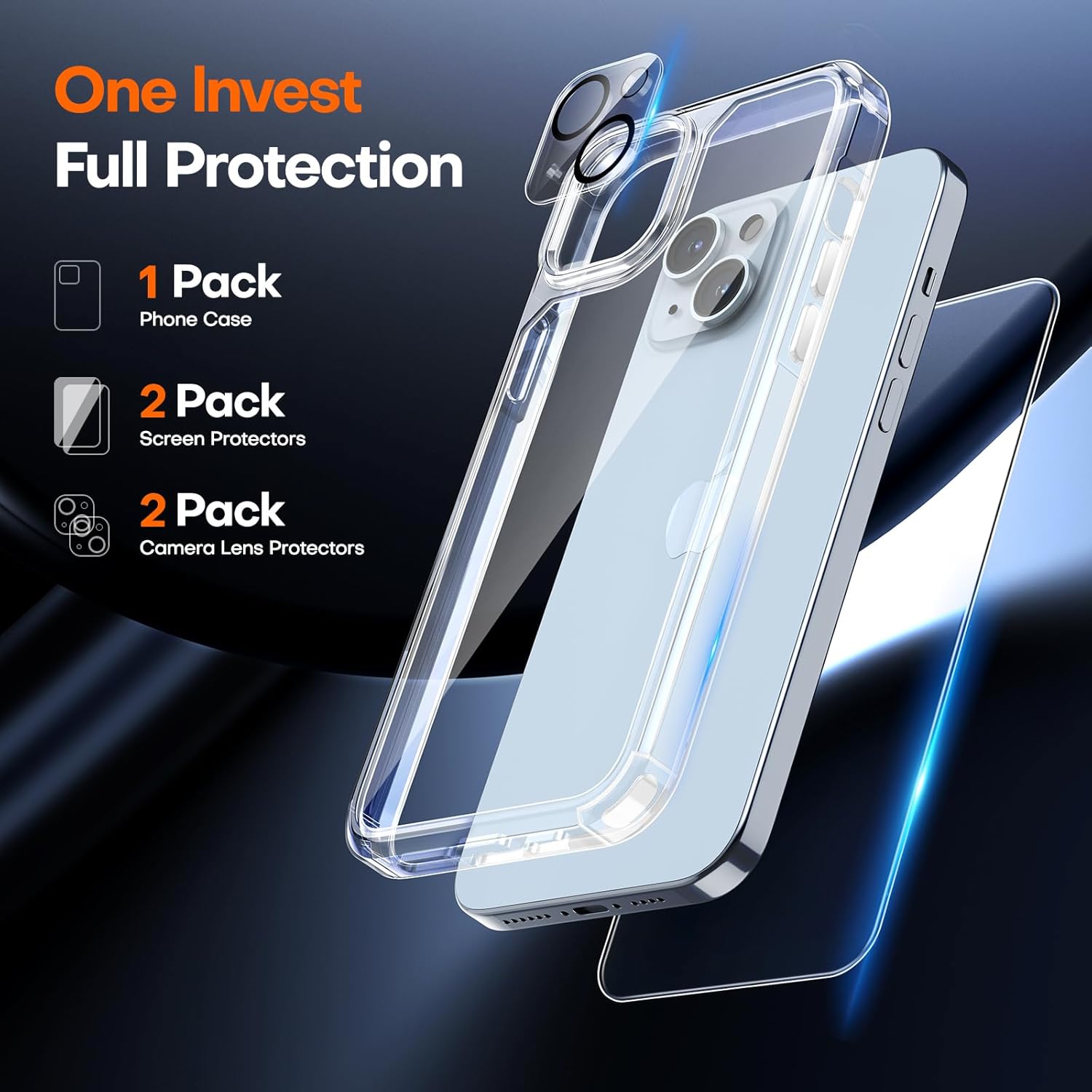 TAURI Funda transparente 5 en 1 para iPhone 15 Plus, no amarillea, con 2 protectores de pantalla + 2 protectores de lente de cámara, protección