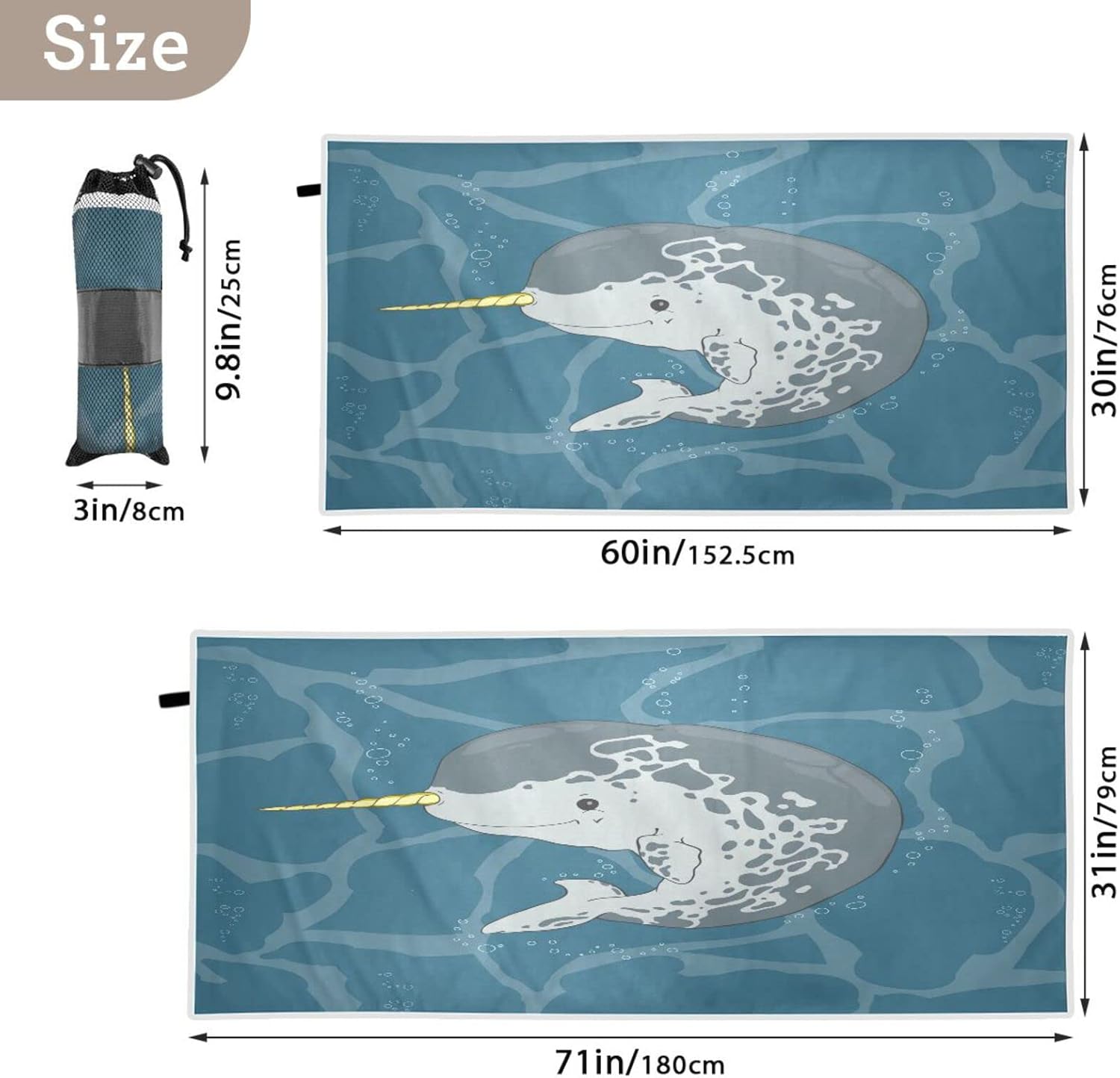 Unicorn Narwhal – Toalla de playa súper absorbente de gran tamaño, toalla ligera y compacta de secado rápido para natación, campamento, vacaciones