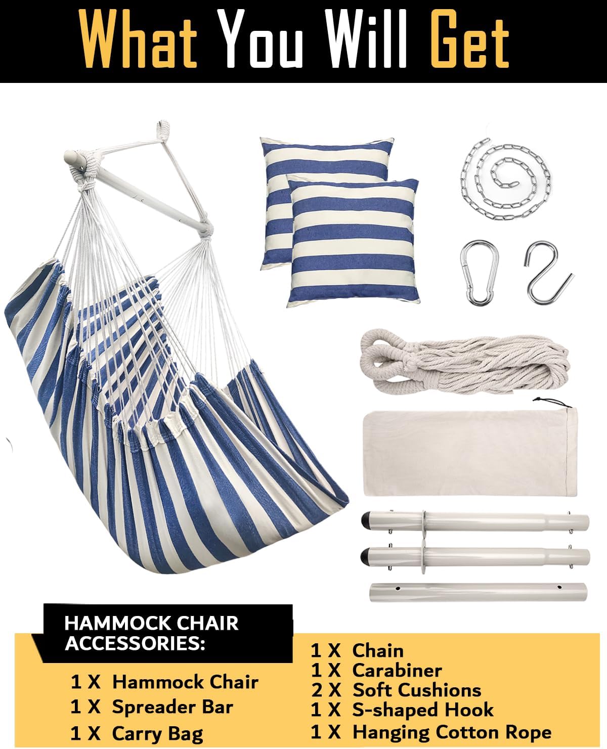 Silla tipo hamaca colgante grande XXL, cómoda, suave y duradera, incluye 2 cojines de asiento