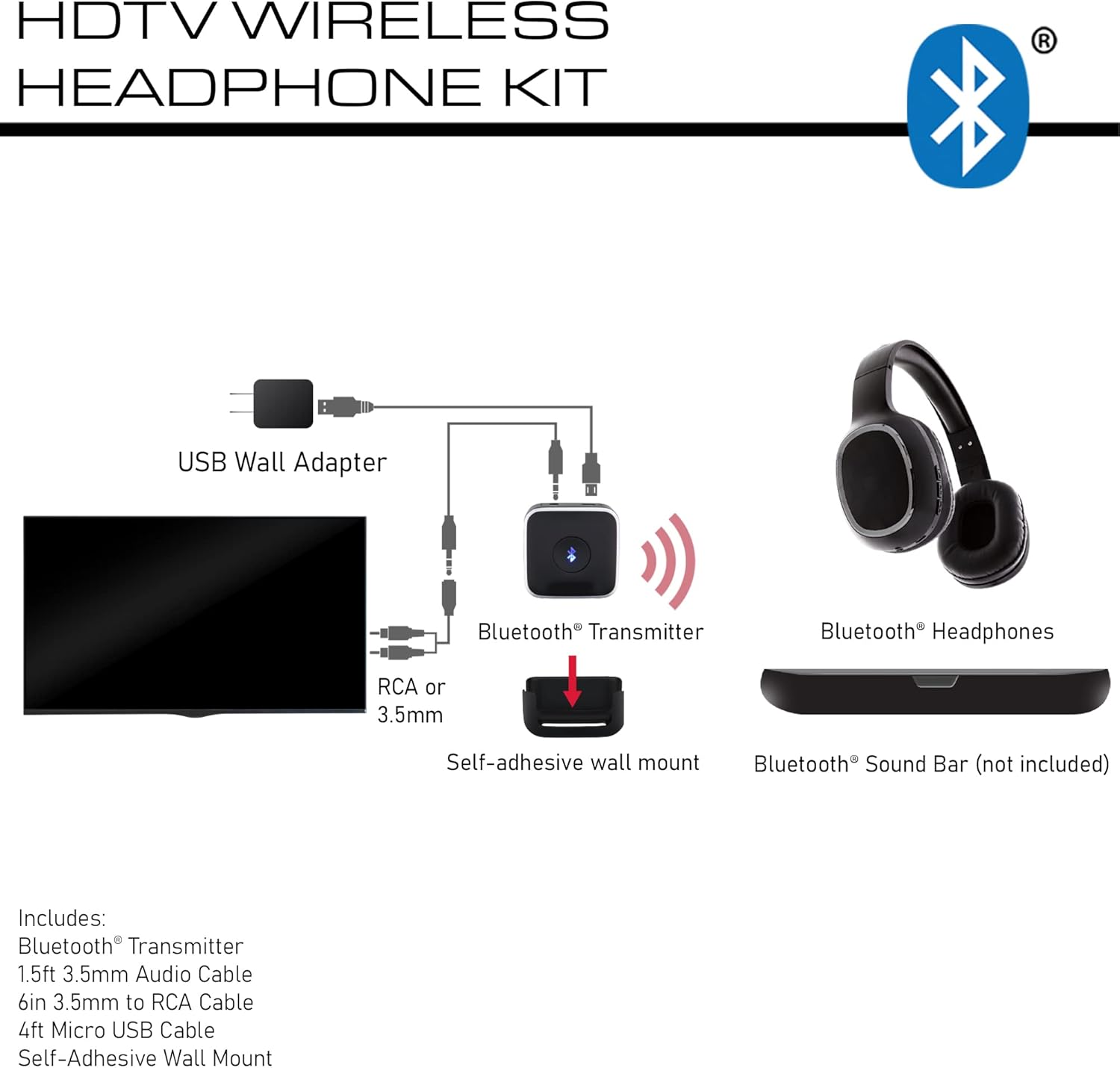 Xtreme – Kit de transmisor de audio de 5 piezas, transmisión de audio a auriculares compatibles con Bluetooth, barras de sonido, viene con