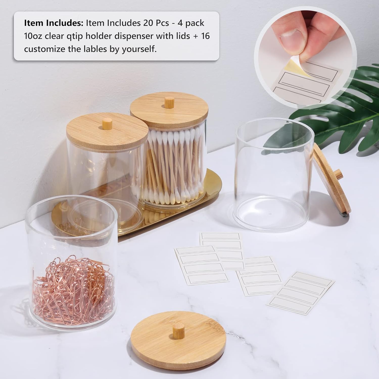 WACAR Paquete de 4 soportes Qtip, soporte para bolas de algodón de 10 onzas, juego de baño con soporte para hisopos de algodón acrílico, dispensador