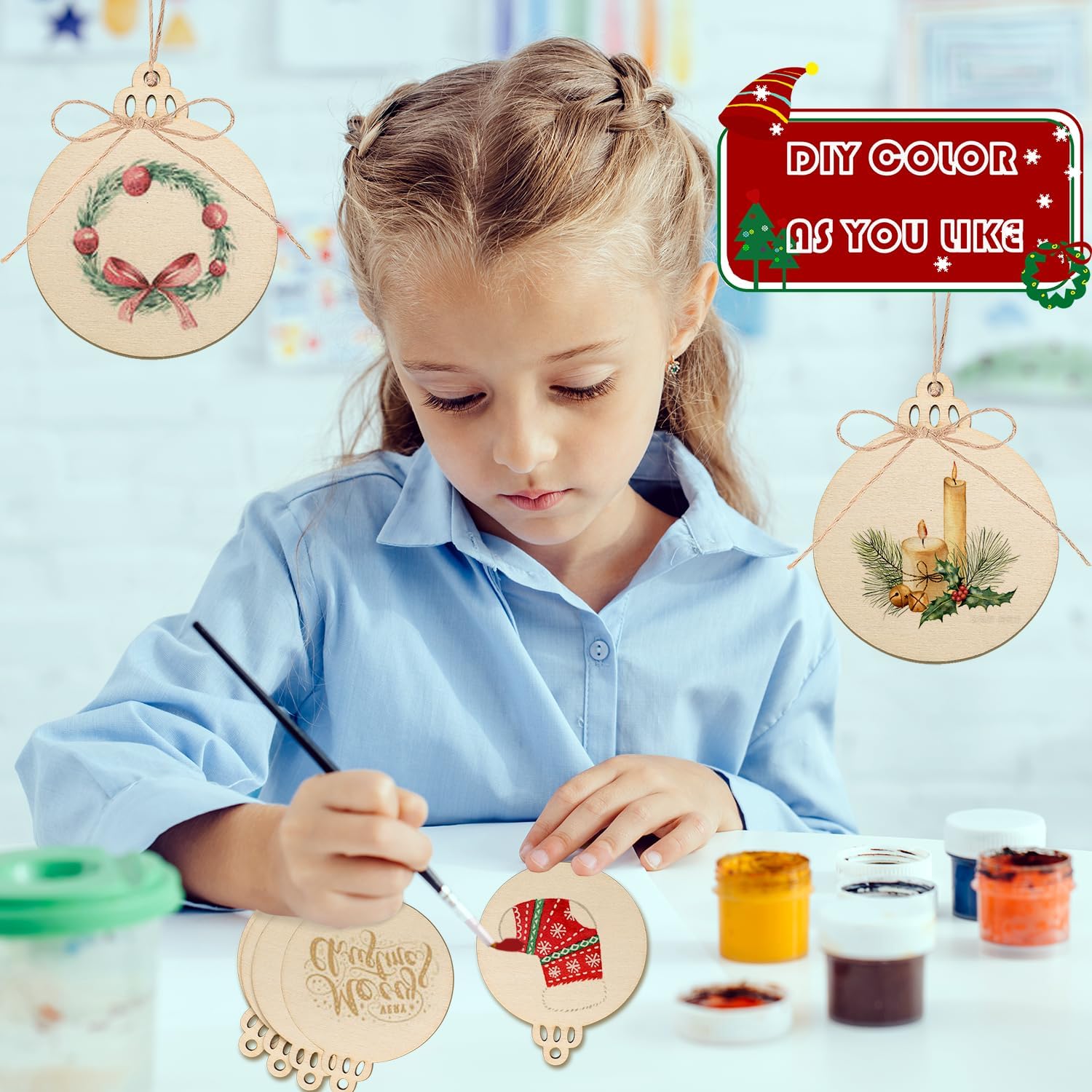 Artmag 100 piezas de adornos colgantes de madera sin terminar de Navidad, discos de madera redondos en blanco para niños, manualidades, centros de