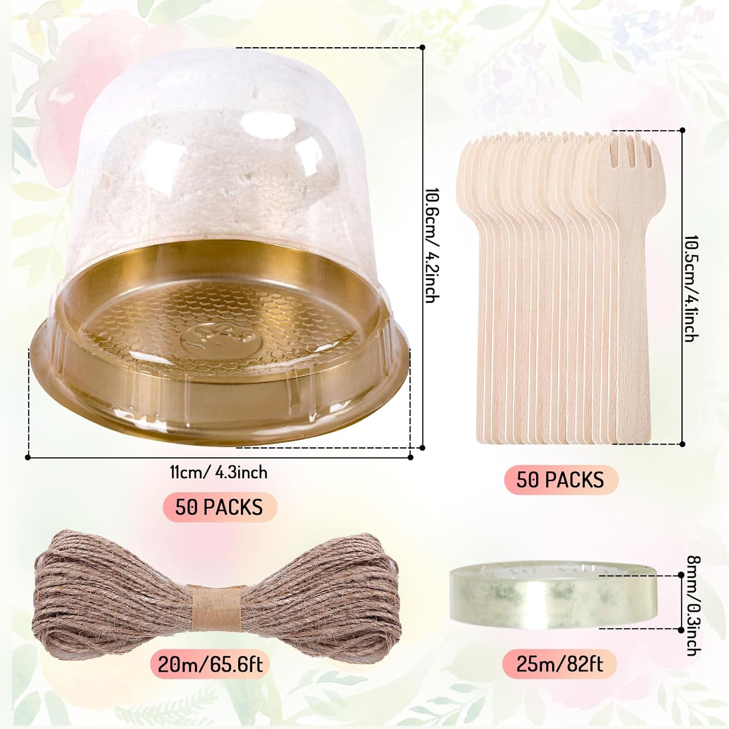 Whaline Juego de 50 vasos desechables individuales para cupcakes, de plástico transparente, con mini cuerda de madera para postizo de graduación,