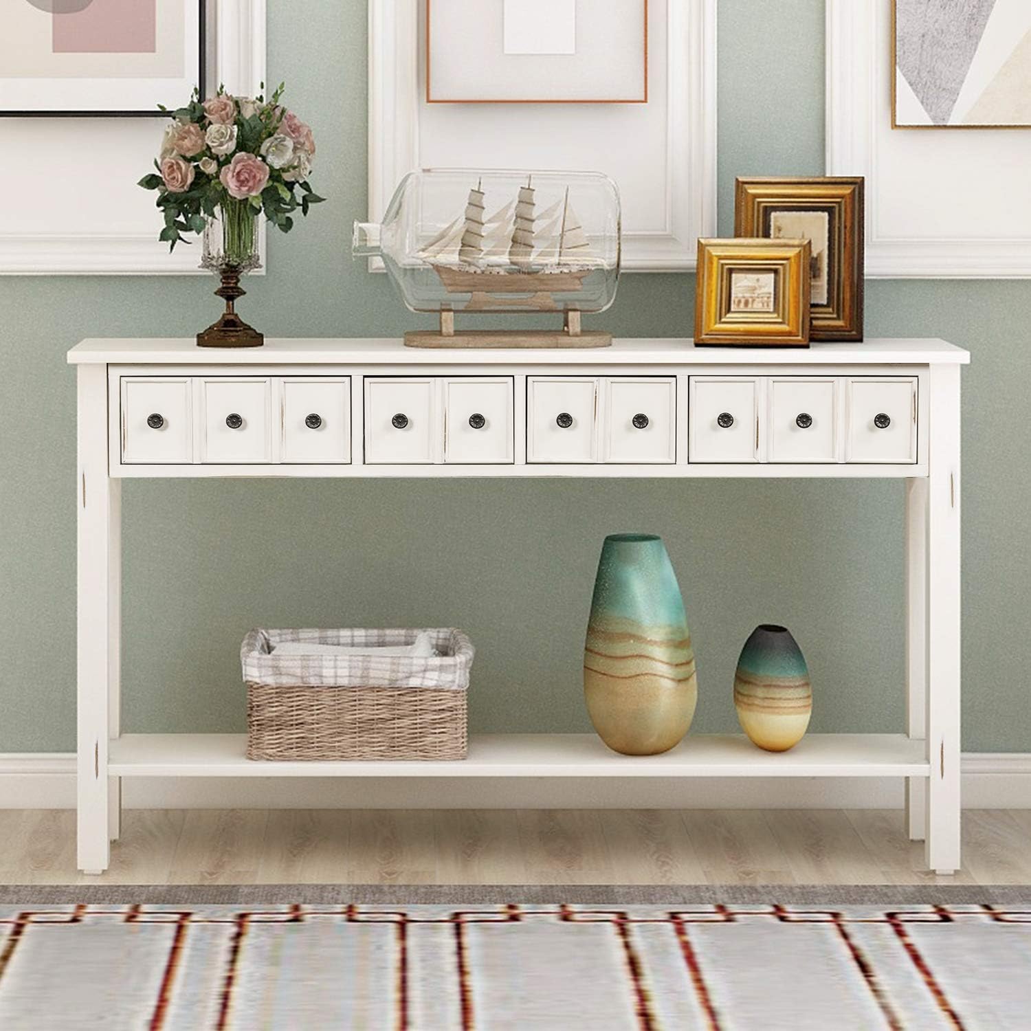 MERITLINE Mesa de entrada larga de madera retro de 60 pulgadas con cajones de almacenamiento, mesa consola estrecha detrás del sofá mesa decorativa