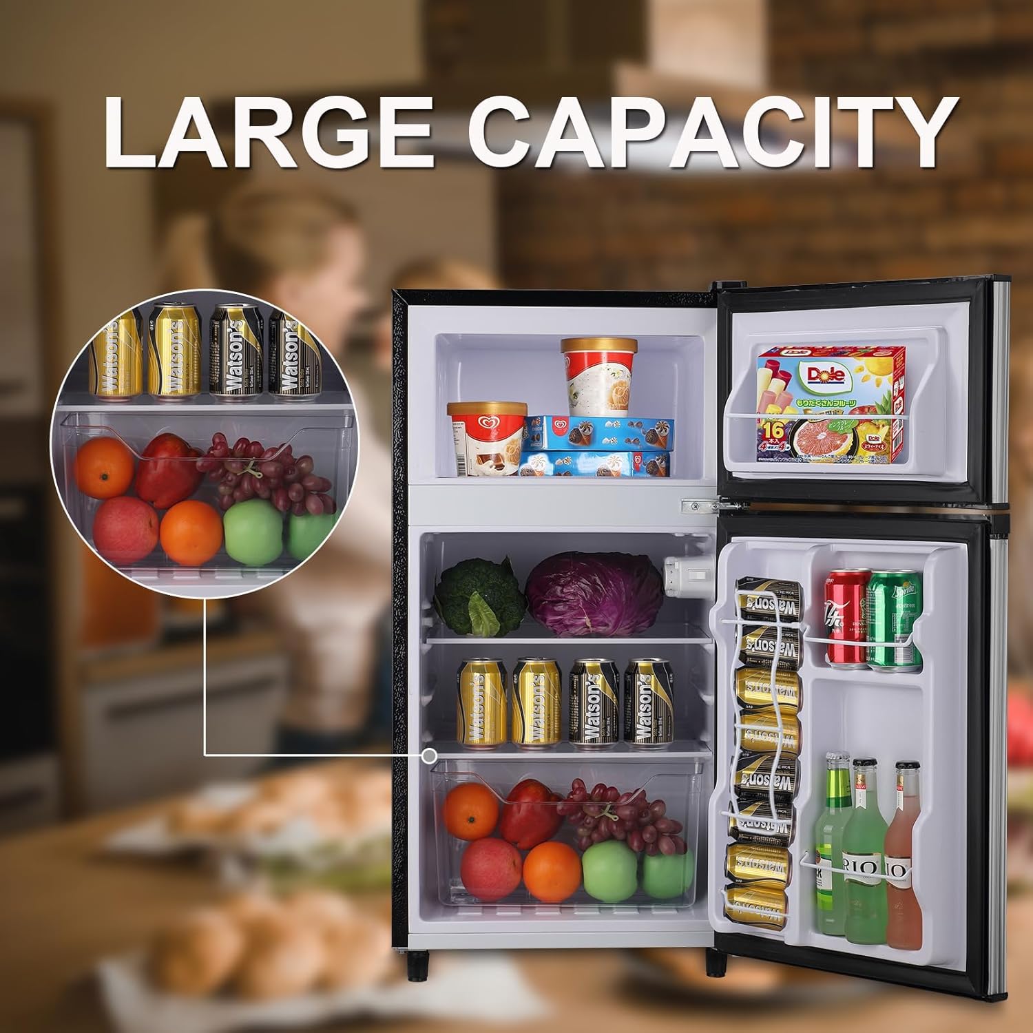 WANAI Refrigerador compacto de 3.5 pies cúbicos, refrigerador clásico retro de 2 puertas, mini refrigerador ajustable con estantes de vidrio