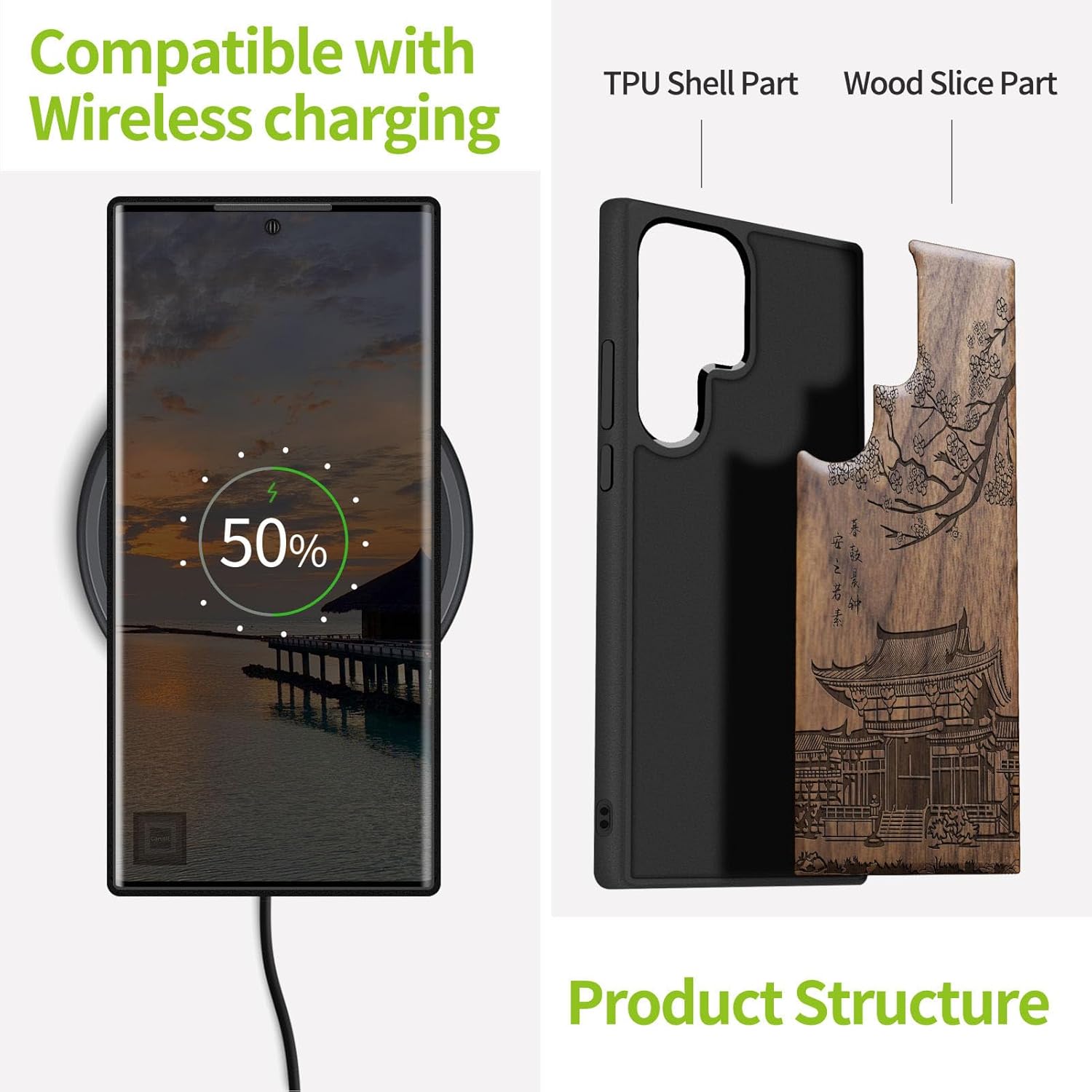 Carveit Funda de madera para Galaxy S22 Ultra 2022 madera natural y TPU suave negro a prueba de golpes, funda de madera única compatible con Samsung