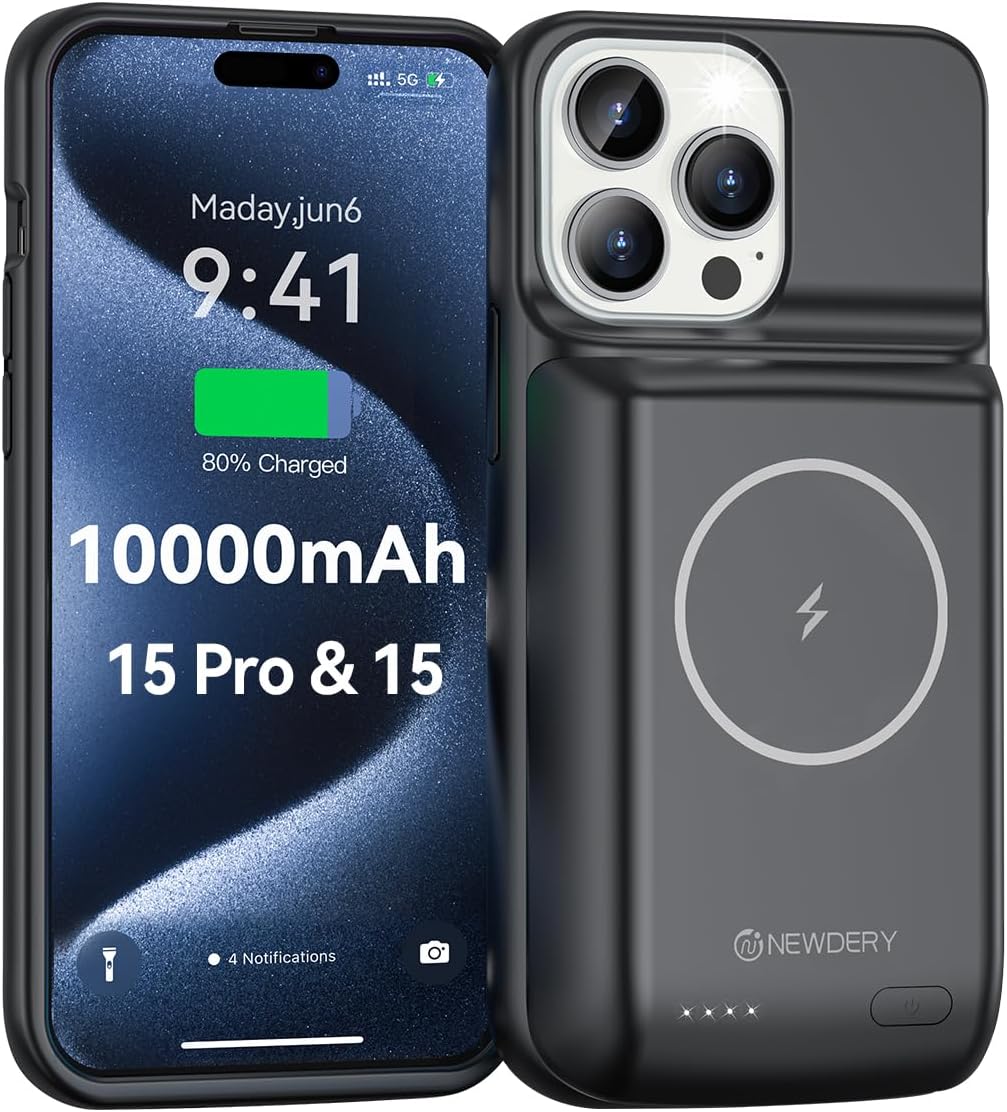 NEWDERY Funda de batería para iPhone 15 ProiPhone 15 10000mAh, USB C magnético Qi funda de carga inalámbrica, cargador extendido recargable