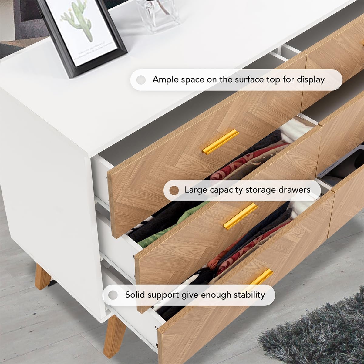 KOZIDO Cómoda de madera con 6 cajones profundos, 6 cómodas dobles, armario de almacenamiento moderno para dormitorio, sala de estar, pasillo,