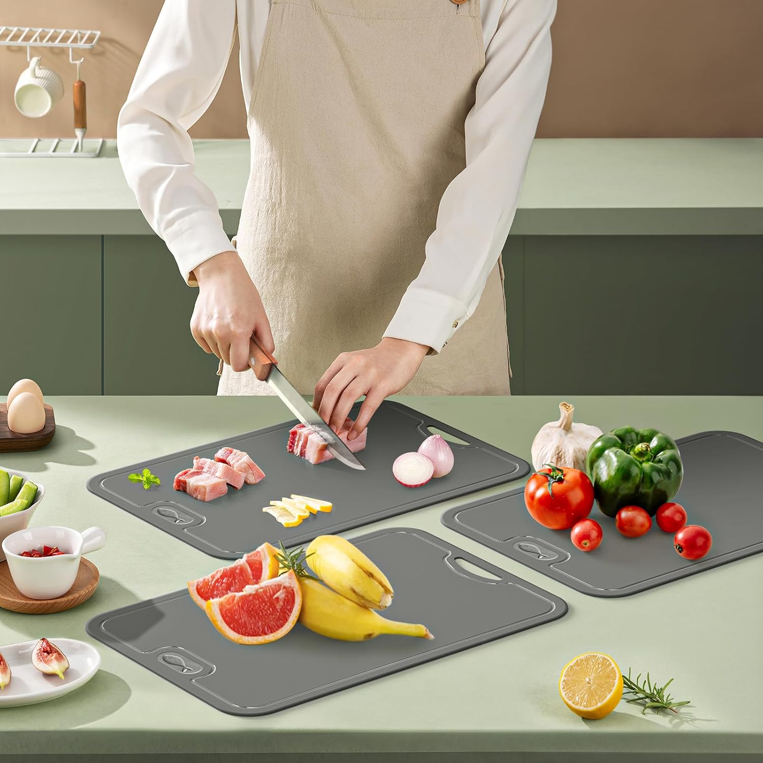 Tabla de cortar flexible de TPU con cuchillo, sin BPA, tabla de cortar de cocina reversible con ranura para jugos, tablas de cortar resistentes a