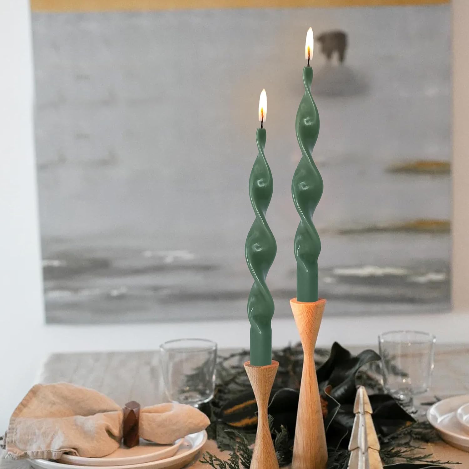Vela cónica en espiral, color verde, velas largas trenzadas, velas de cera sin perfume para cena, decoración del hogar, bodas, festividades