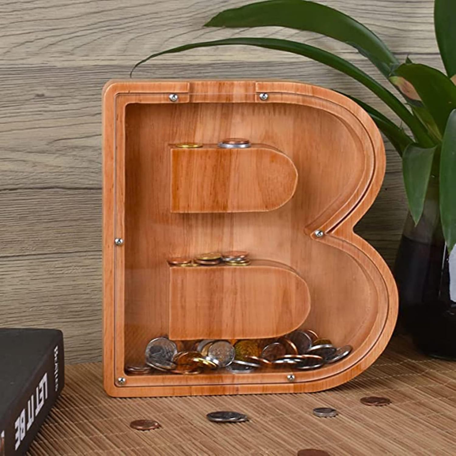 Alcancía de madera con letras para niños y niñas, 26 letras del alfabeto, personalizadas, caja de ahorro de dinero transparente, regalo creativo