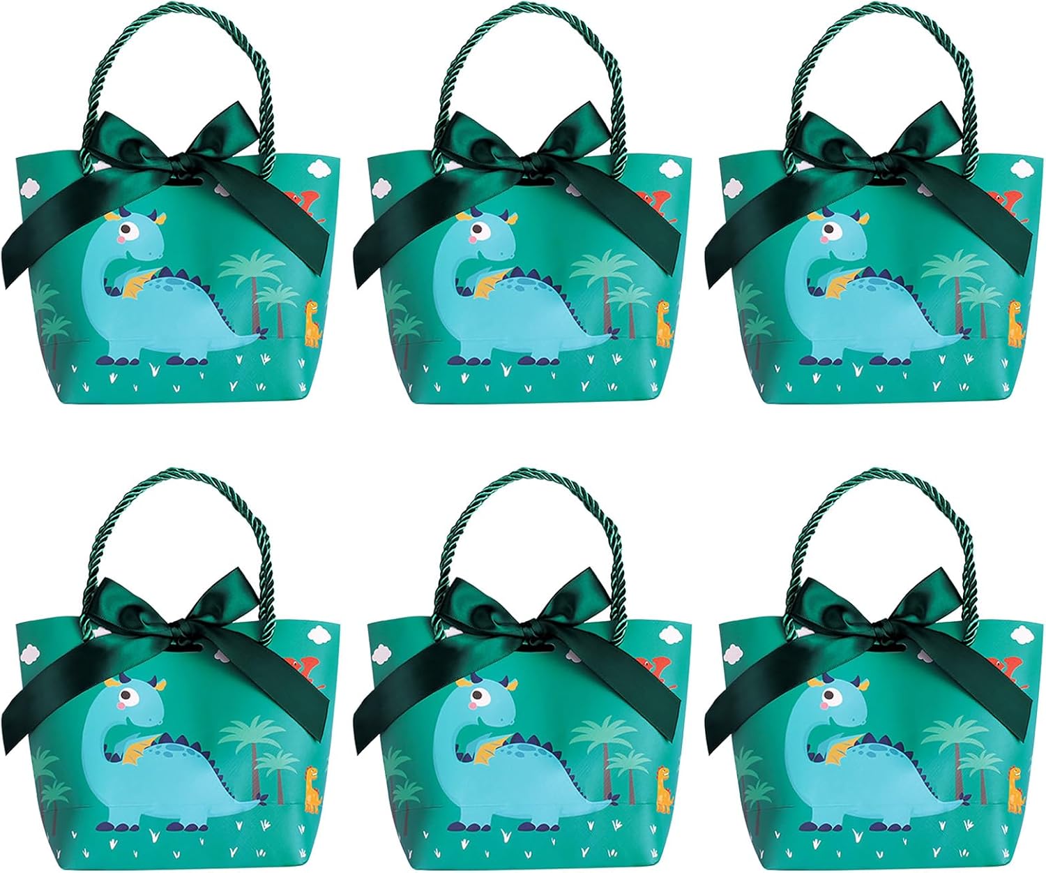 Paquete de 6 bolsas de regalo de dinosaurio con asas y lazo, bolsas de papel de dinosaurio verde para fiestas, suministros de fiesta para