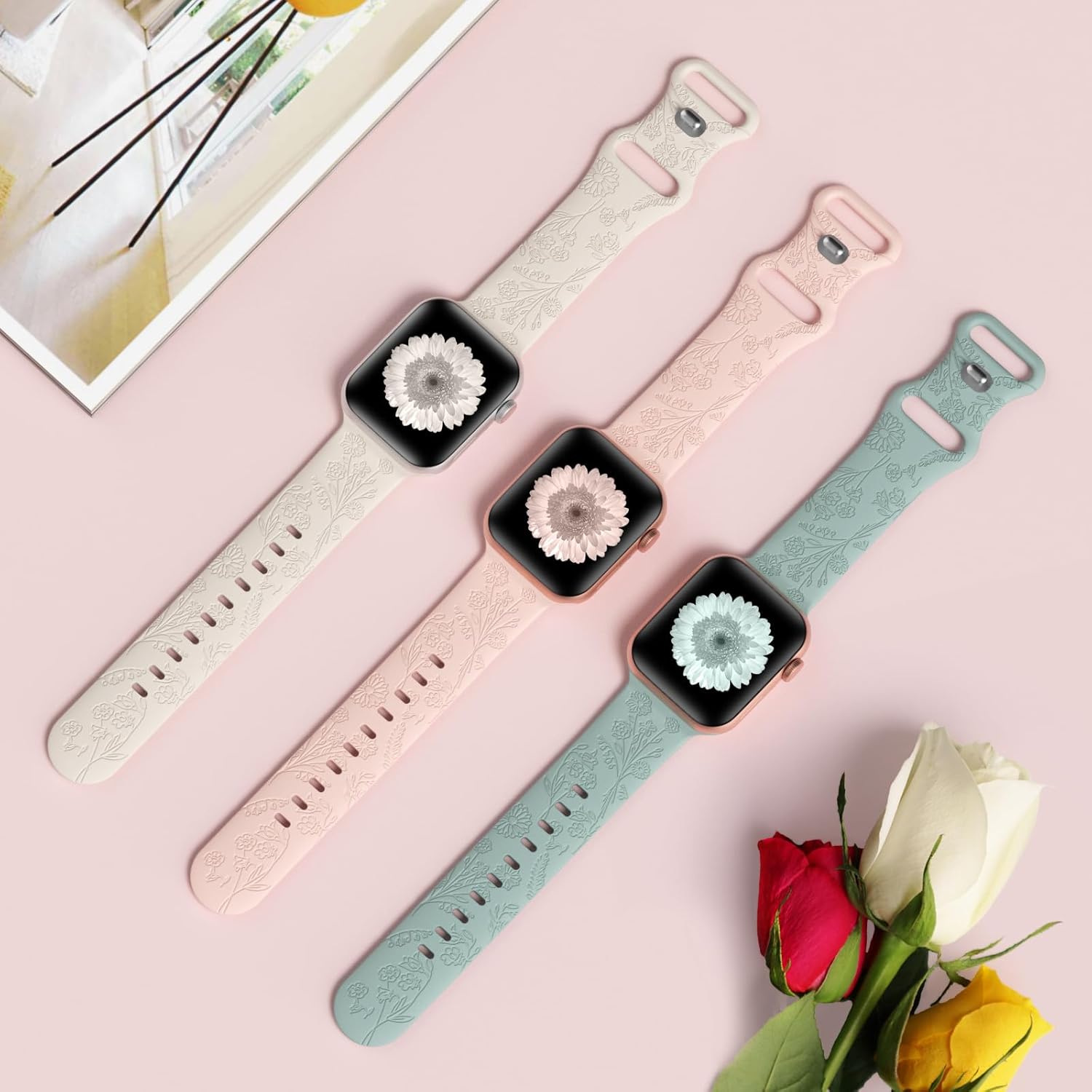 Keebowz Correa de silicona con grabado floral compatible con Apple Watch Band de 1.496 in, 1.575 in, 1.614 in, 1.654 in, 1.732 in, 1.772 in, correa