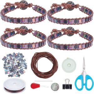 FREEBLOSS Juego de 4 pulseras de cuero con cuentas de tila, pulseras de cuero con cuentas de Tila de color metálico, kit de fabricación de pulseras FREEBLOSS Juego de 4 pulseras de cuero con cuentas de tila, pulseras de cuero con cuentas de Tila de color metálico, kit de fabricación de pulseras