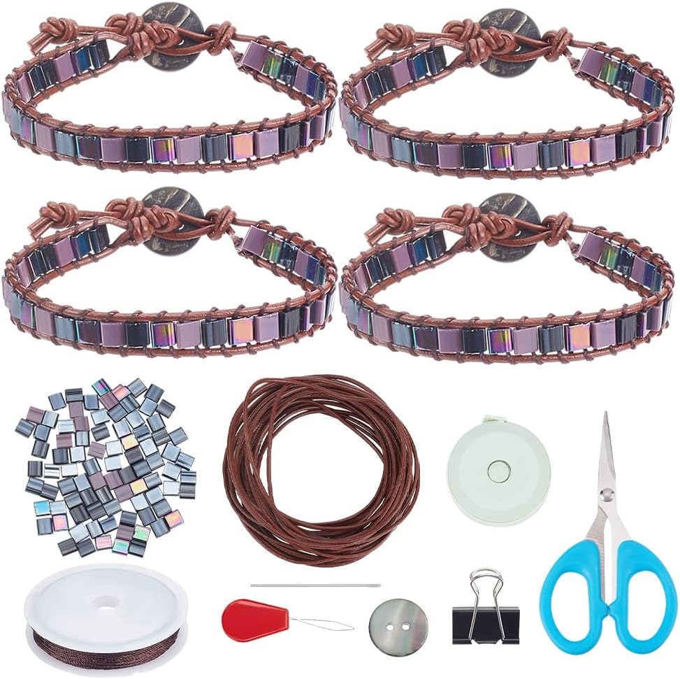 FREEBLOSS Juego de 4 pulseras de cuero con cuentas de tila, pulseras de cuero con cuentas de Tila de color metálico, kit de fabricación de pulseras