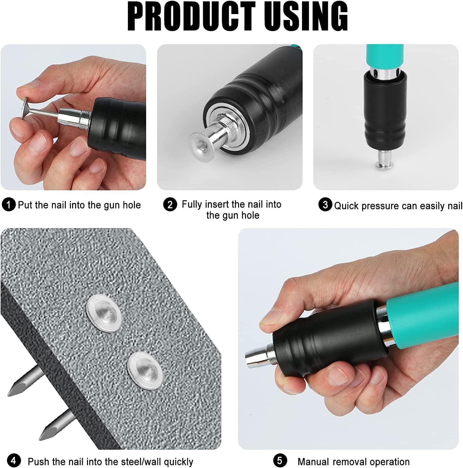 Kit de pistola de clavos de hormigón con 10 clavos, pistola de uñas de acero manual ajustable de 5 velocidades, herramienta eléctrica de fijación de