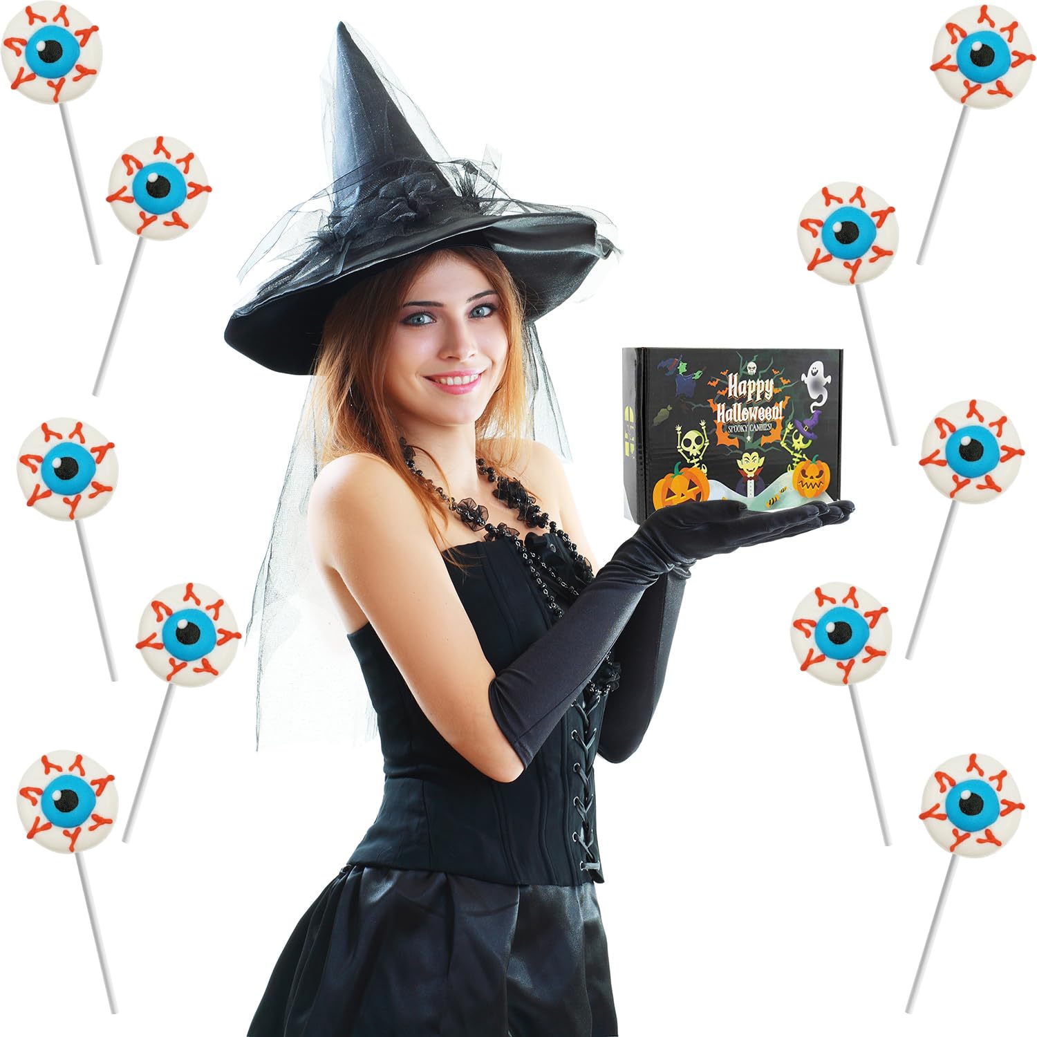 Piruletas de Halloween con forma de ojos y dulces, rellenos de bolsas de fiesta de dulce o truco, recuerdos de fiesta (paquete de 24)