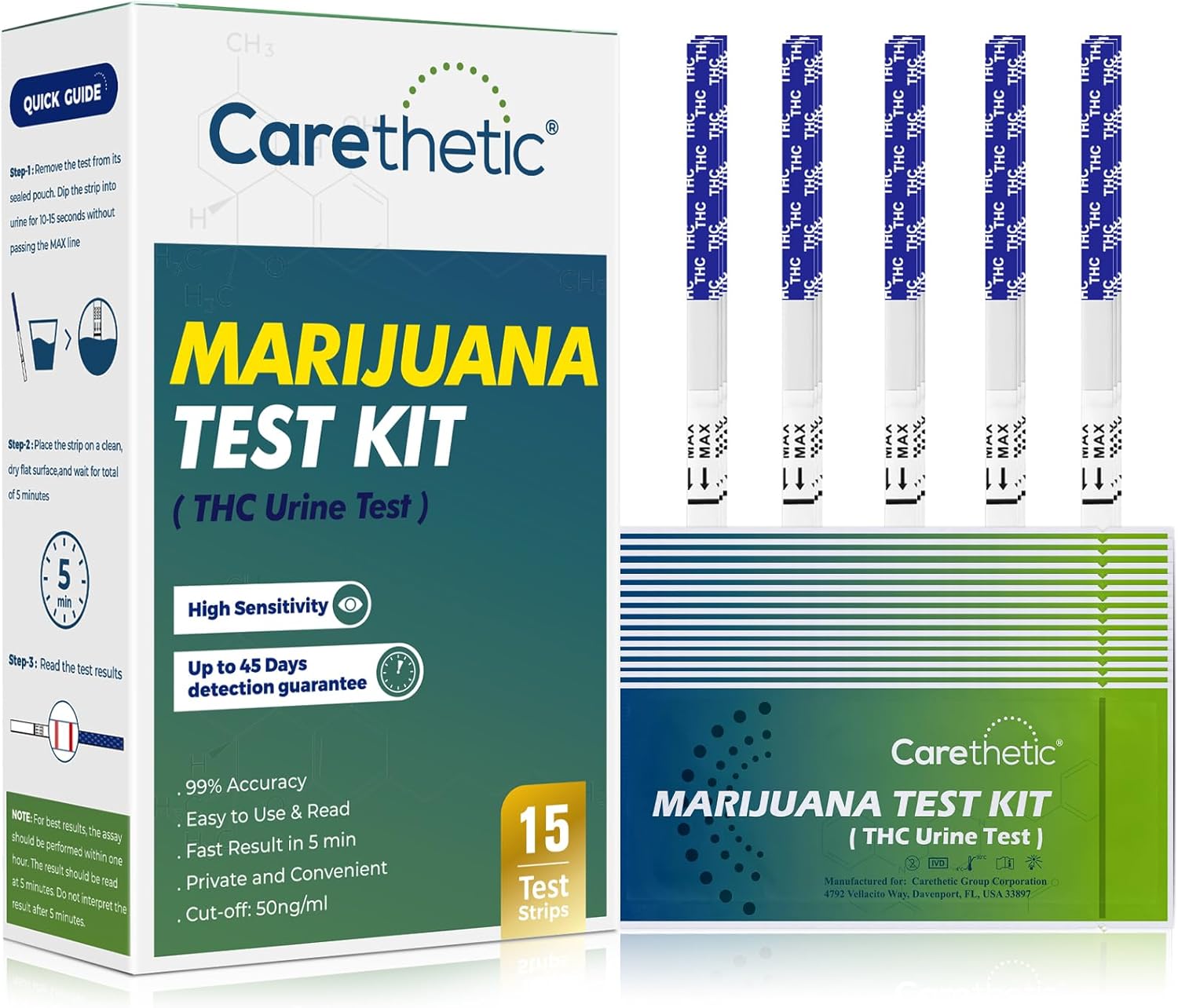 Kit de prueba de marihuana (prueba de orina THC) – 15 tiras envueltas individualmente – Pruebas de THC para el hogar