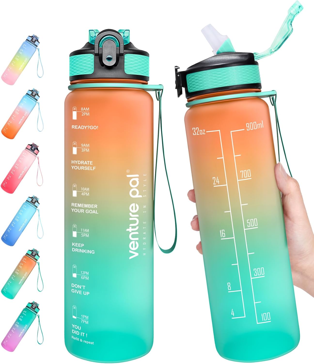 Venture Pal 22 oz 32 oz Sports Water Bottle with Time Marker, Carry Strap and Cleaning Brush – BPA Free, Leak Proof, Straw Lid – Perfect for Fitness