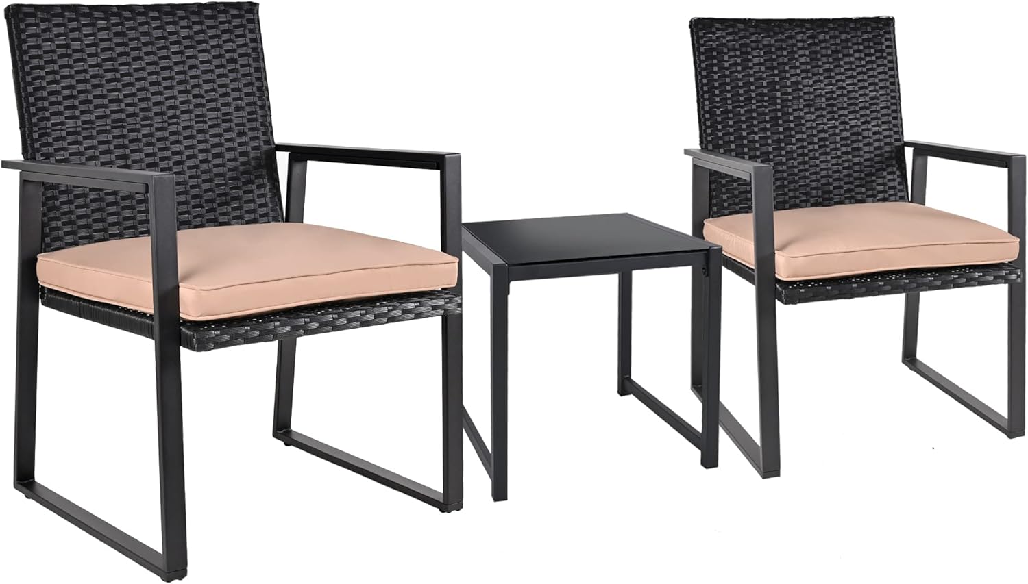 SUNLEI – Juego de muebles de mimbre para exteriores, 3 piezas, dos sillas y mesa auxiliar con vidrio, para café, color negro