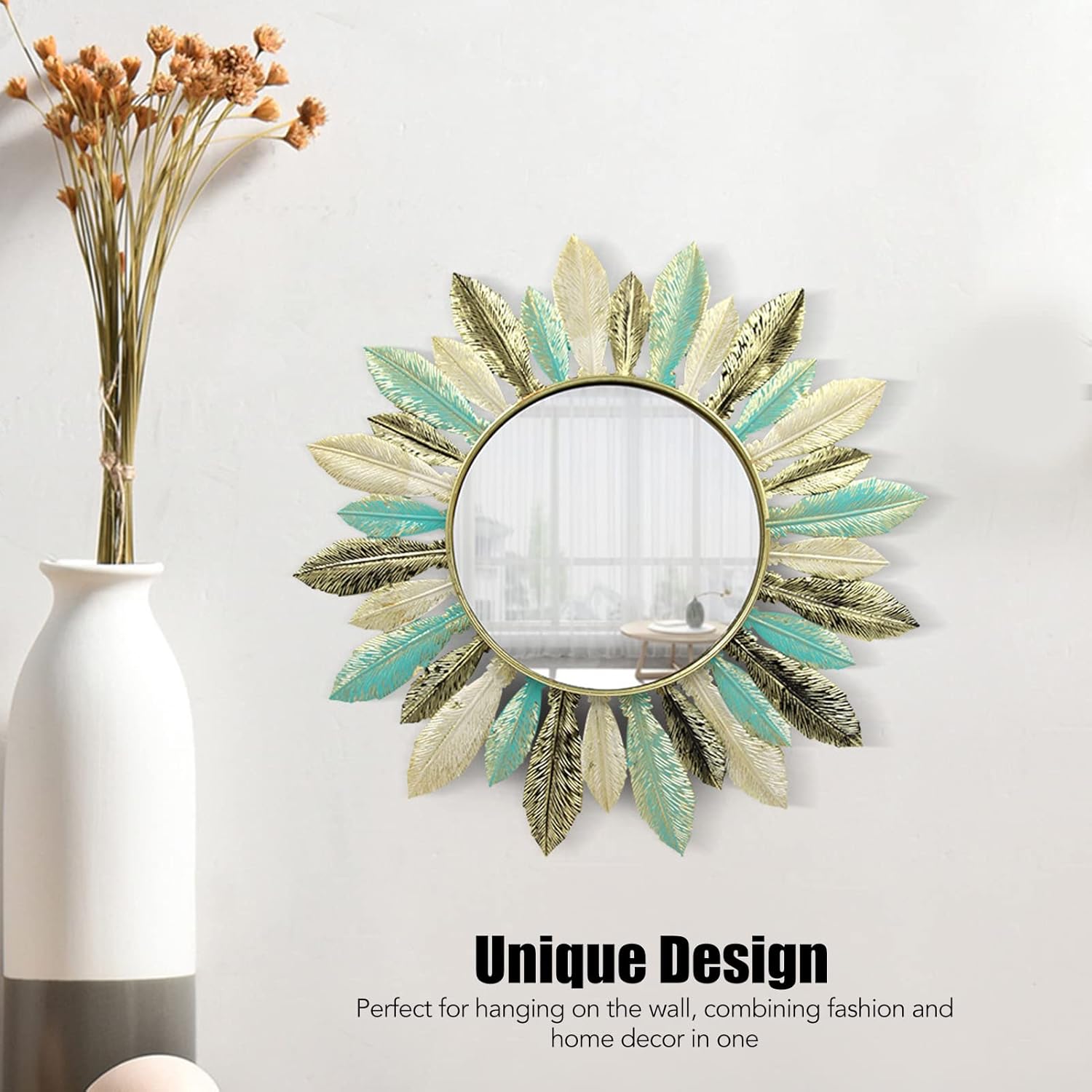 LSFYYDS Espejo colgante de plumas de metal, espejo decorativo de pared, escultura artística, espejo de tocador moderno para decoración de pared,