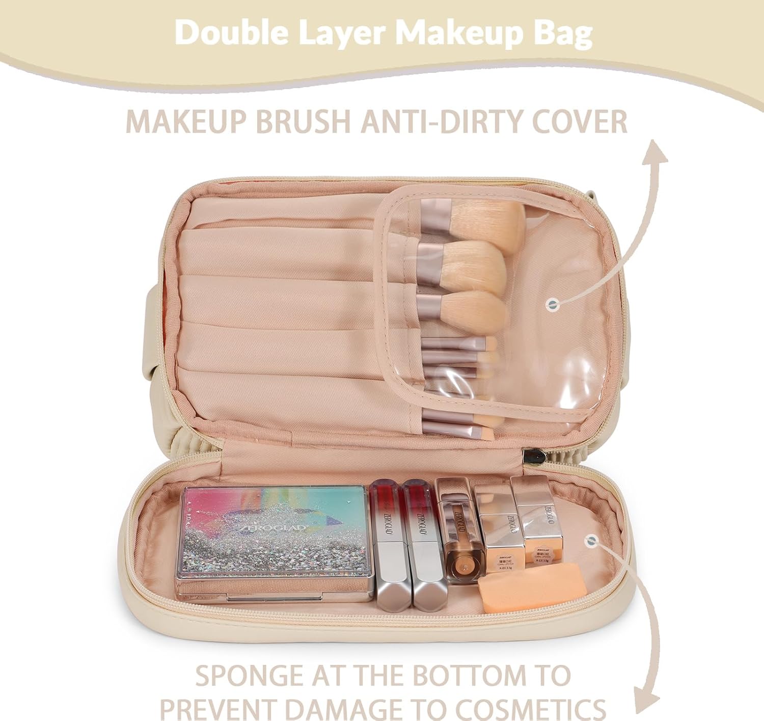 Bolsa de maquillaje de doble capa, beige (A-Beige)