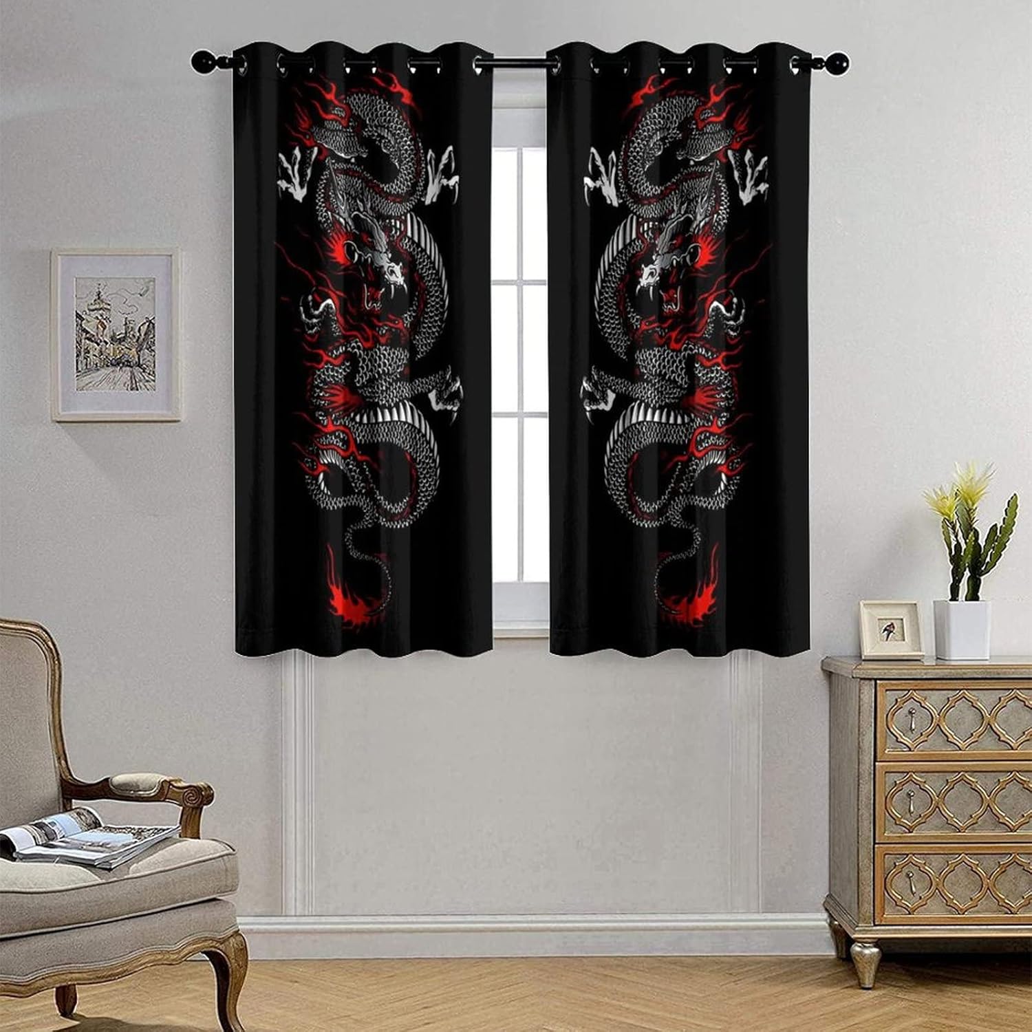 fucyBu Cortinas opacas para oscurecer la habitación con ojales, diseño de dragón chino, fantasía, retro, negro, rojo, dragón japonés, eficiencia