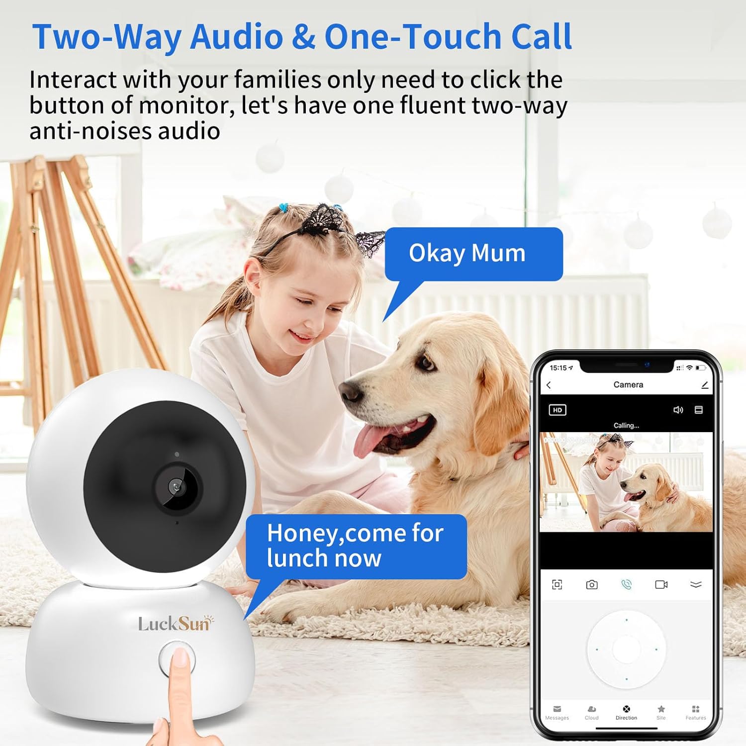 LuckSun Cámara WiFi de seguridad 2K 1296P para interiores, inalámbrica, un botón, conversación de 2 vías, PTZ, seguimiento inteligente, cámara para