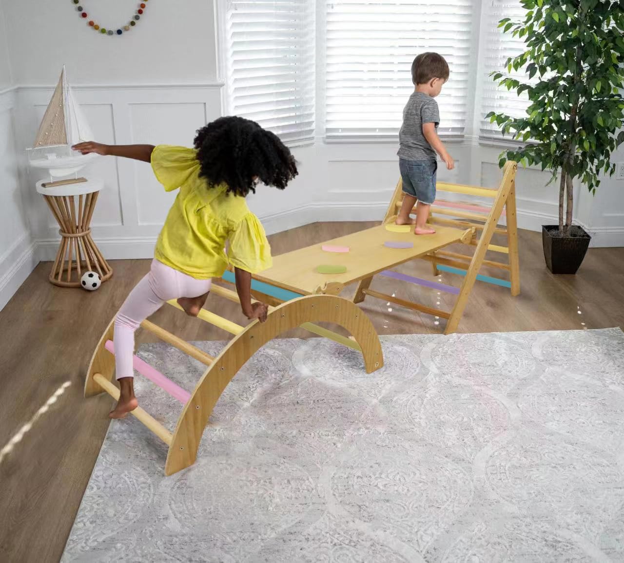 Avenlur Cedar – Juego de gimnasio 5 en 1 para interiores, juego de escalada Montessori con arco, escalera triangular ajustable, rampa de escalada,