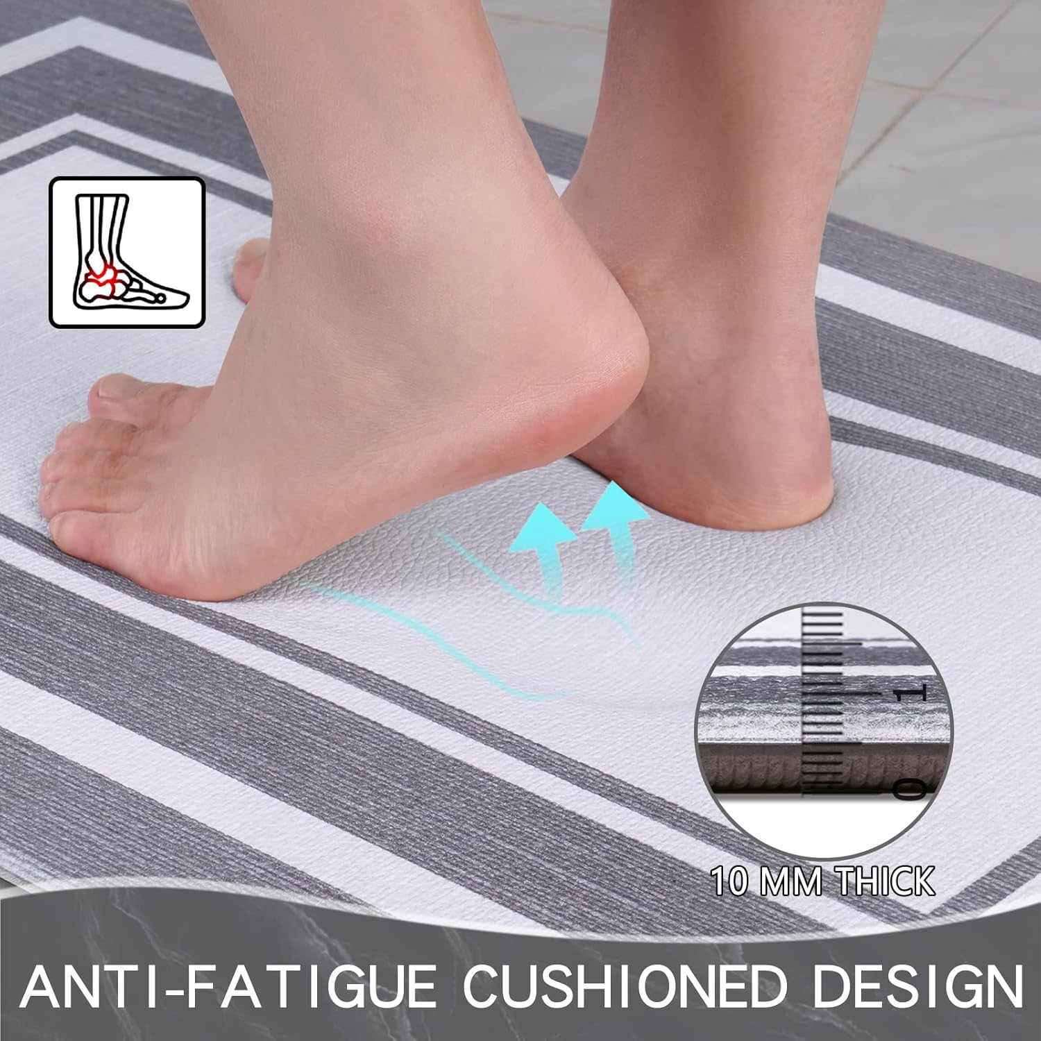 ASPMIZ Juego de 2 alfombras de cocina modernas antifatiga, espuma viscoelástica, color gris y blanco, antideslizantes, lavables, a cuadros para el