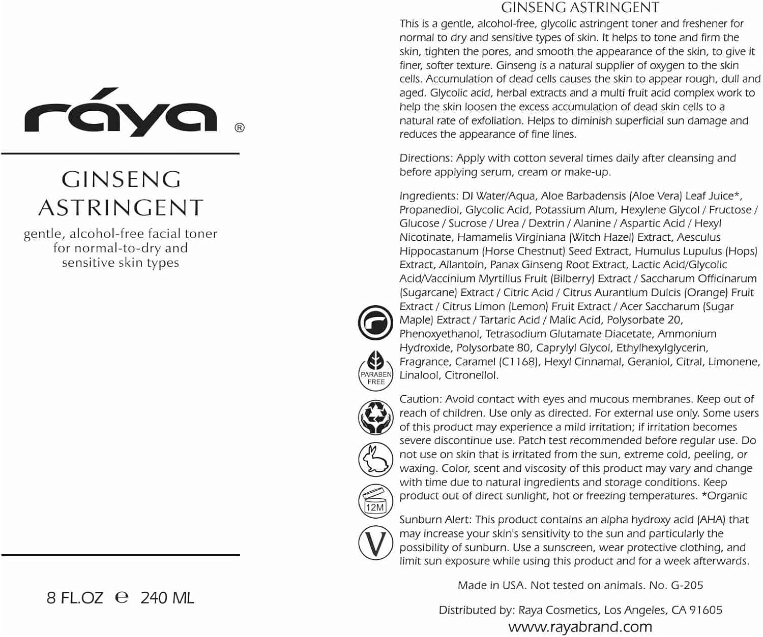 RAYA Ginseng Astringent con AHA 16 oz (G-205)  Tónico facial glicólico suave para piel seca y sensible  Ayuda a apretar los poros, suavizar la tez y