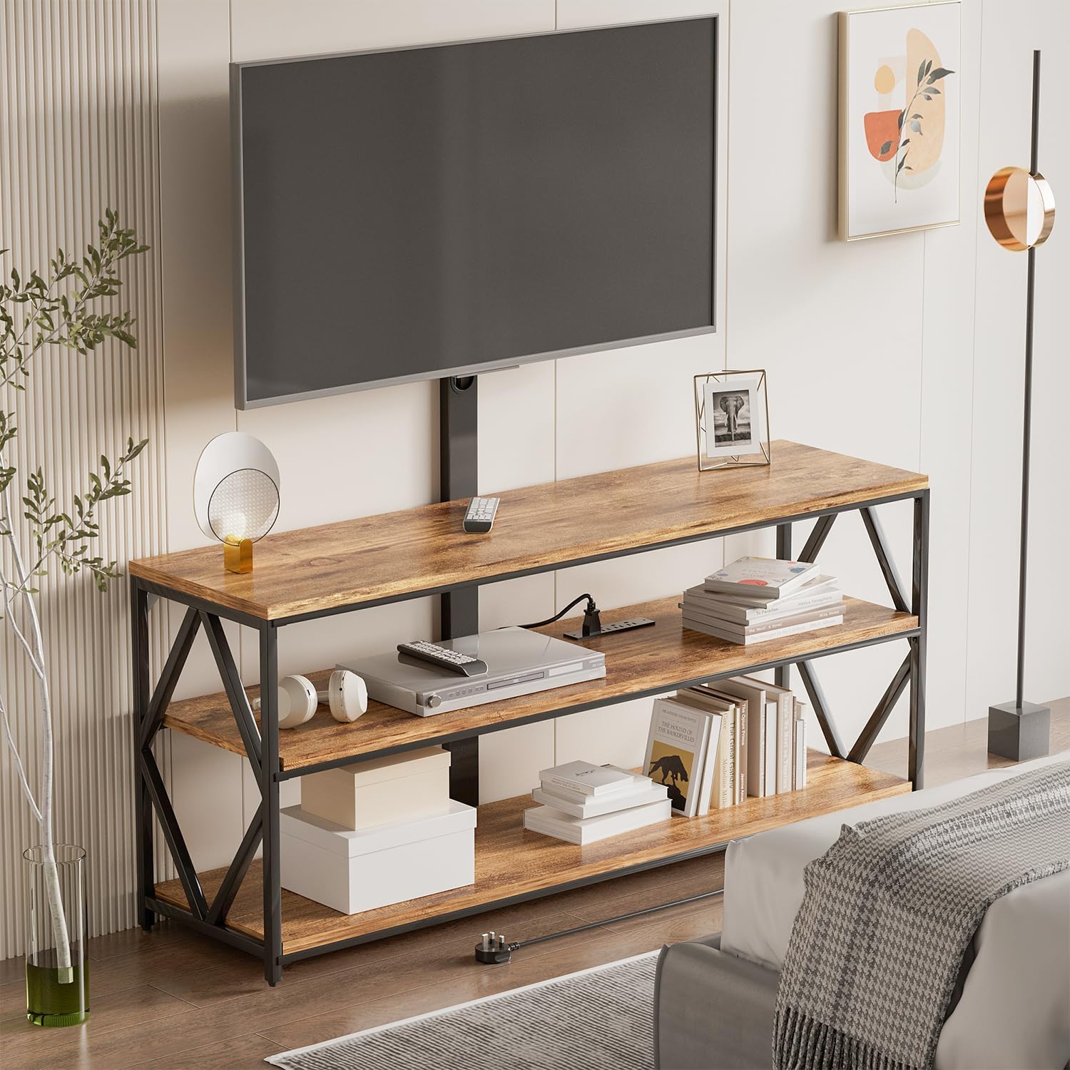 YESHOMY Soporte de TV giratorio con soporte para televisión de hasta 75 pulgadas, centro de entretenimiento con toma de corriente y estantes de