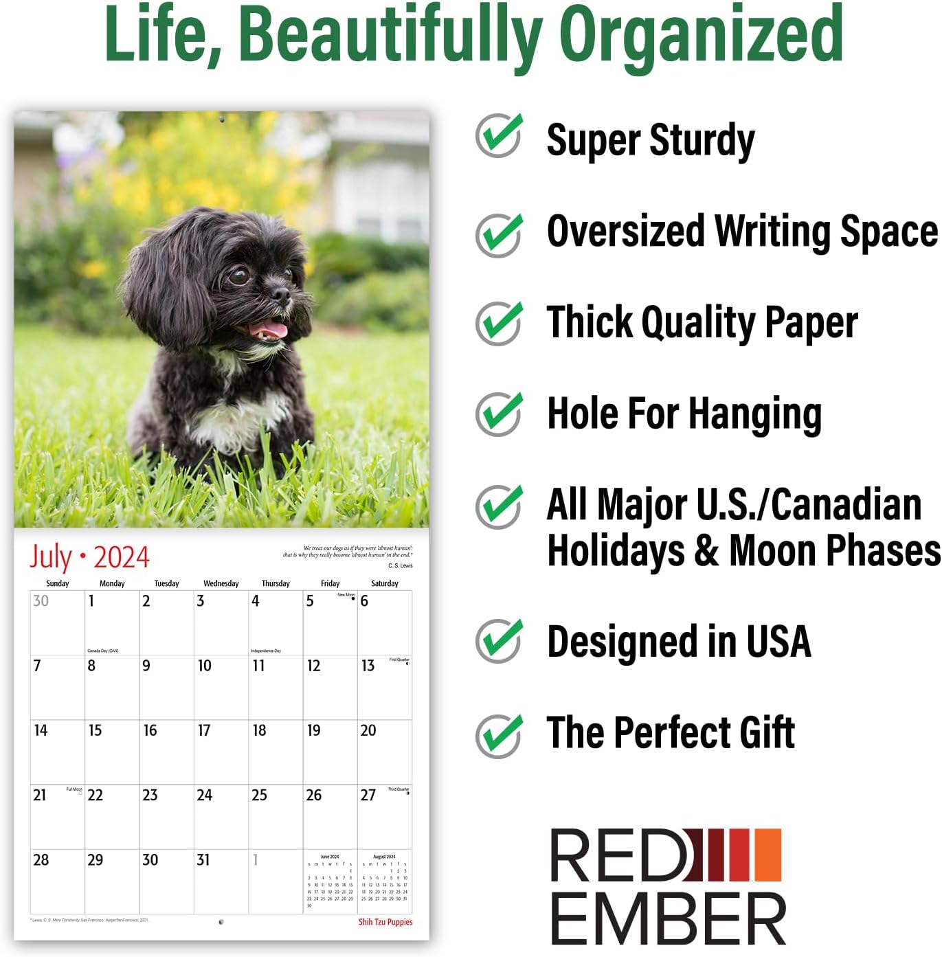 RED EMBER Shih Tzu Puppies – Calendario mensual de pared colgante 2024, 12 x 24 pulgadas, abierto, papel grueso y resistente, para regalo, lindo