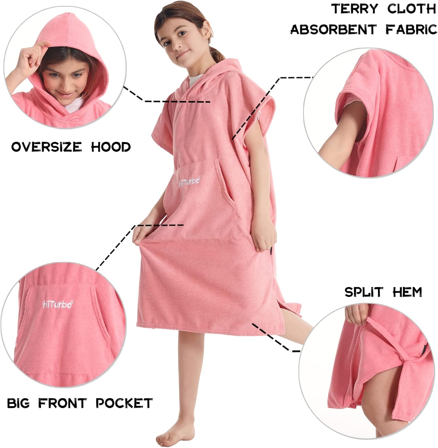 Hiturbo Toalla cambiadora para niños, poncho absorbente de secado rápido, toallas de baño de microfibra (rosa)