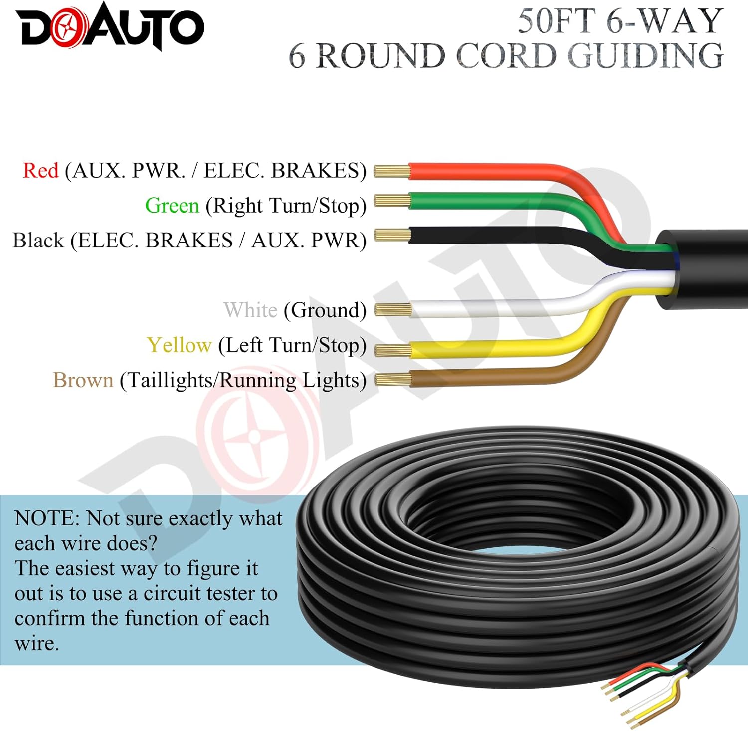 Cable de arnés de cable de remolque de 50 pies, resistente, 14 AWG, 6 cables de enganche de remolque de caravana de PVC individualmente flexible