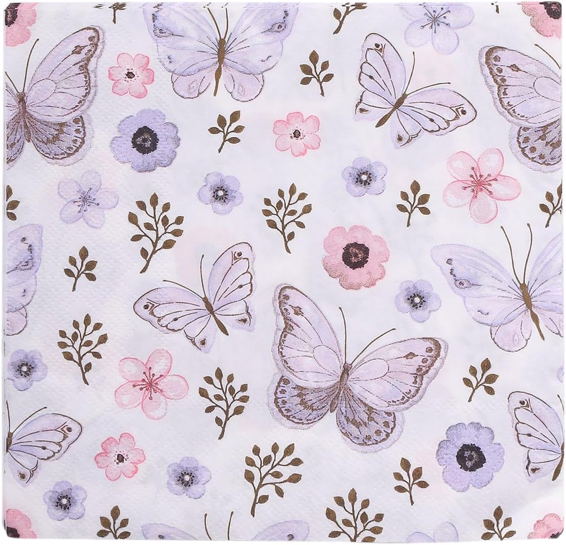 Efavormart – Paquete de 20 servilletas de papel de mariposa lavanda marfil, elegantes servilletas desechables de cóctel para fiesta de jardín, 18 GSM