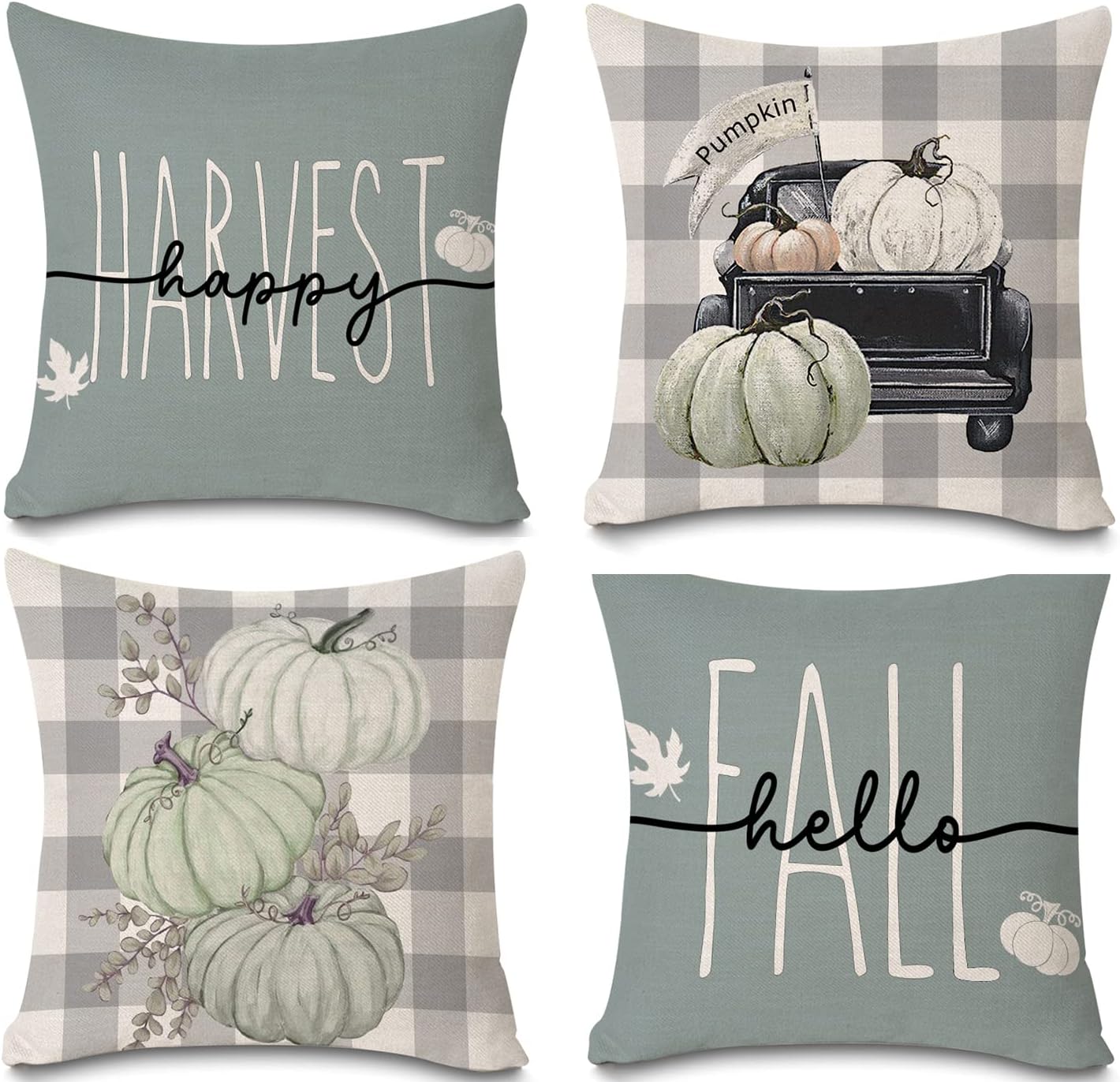 Faromily Juego de 4 fundas de almohada de calabaza otoñal de 18 x 18 pulgadas, diseño de búfalo gris, acuarela, calabaza, camión, granja, fundas de